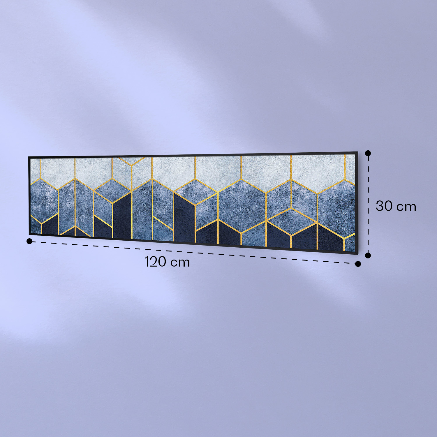 Un quadro da parete rettangolare con motivo geometrico blu e oro, 120x30 cm.