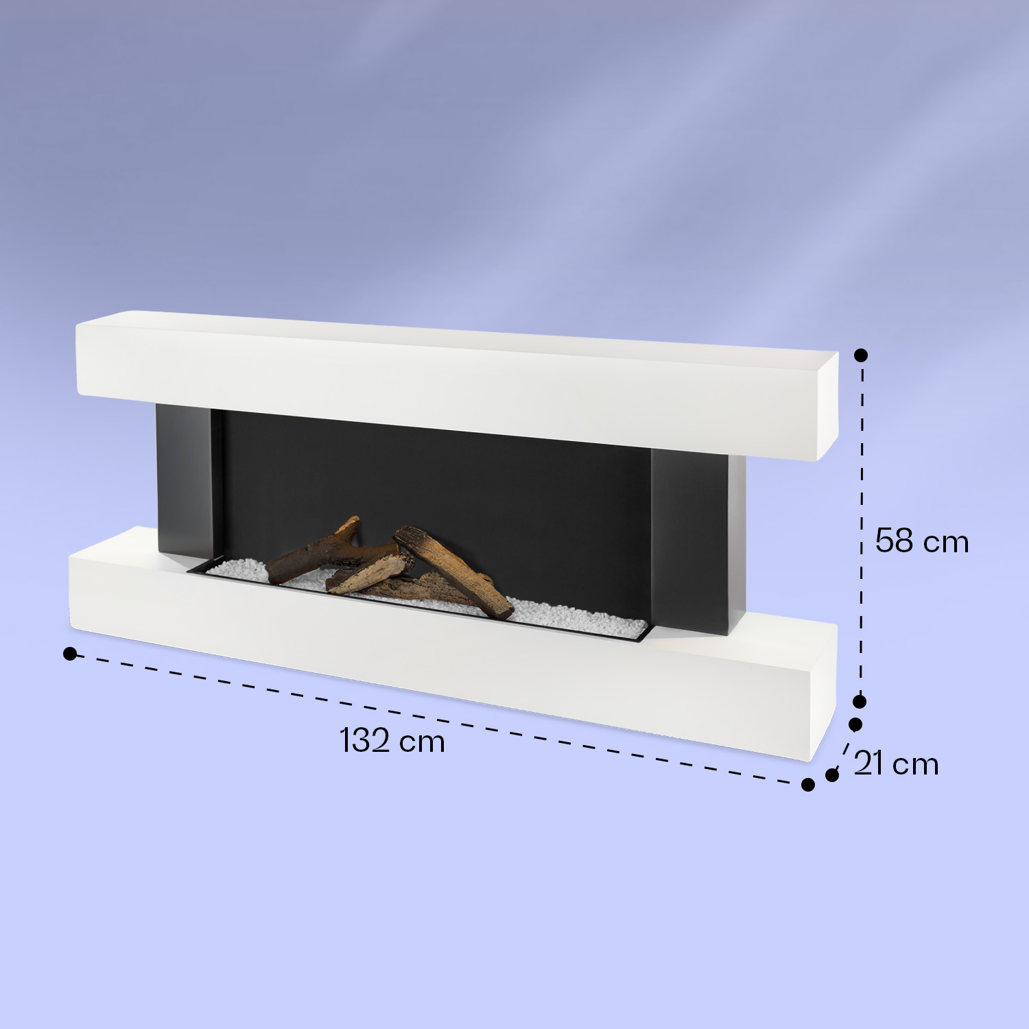 Moderno caminetto elettrico bianco e nero con ceppi, 132x58x21 cm.