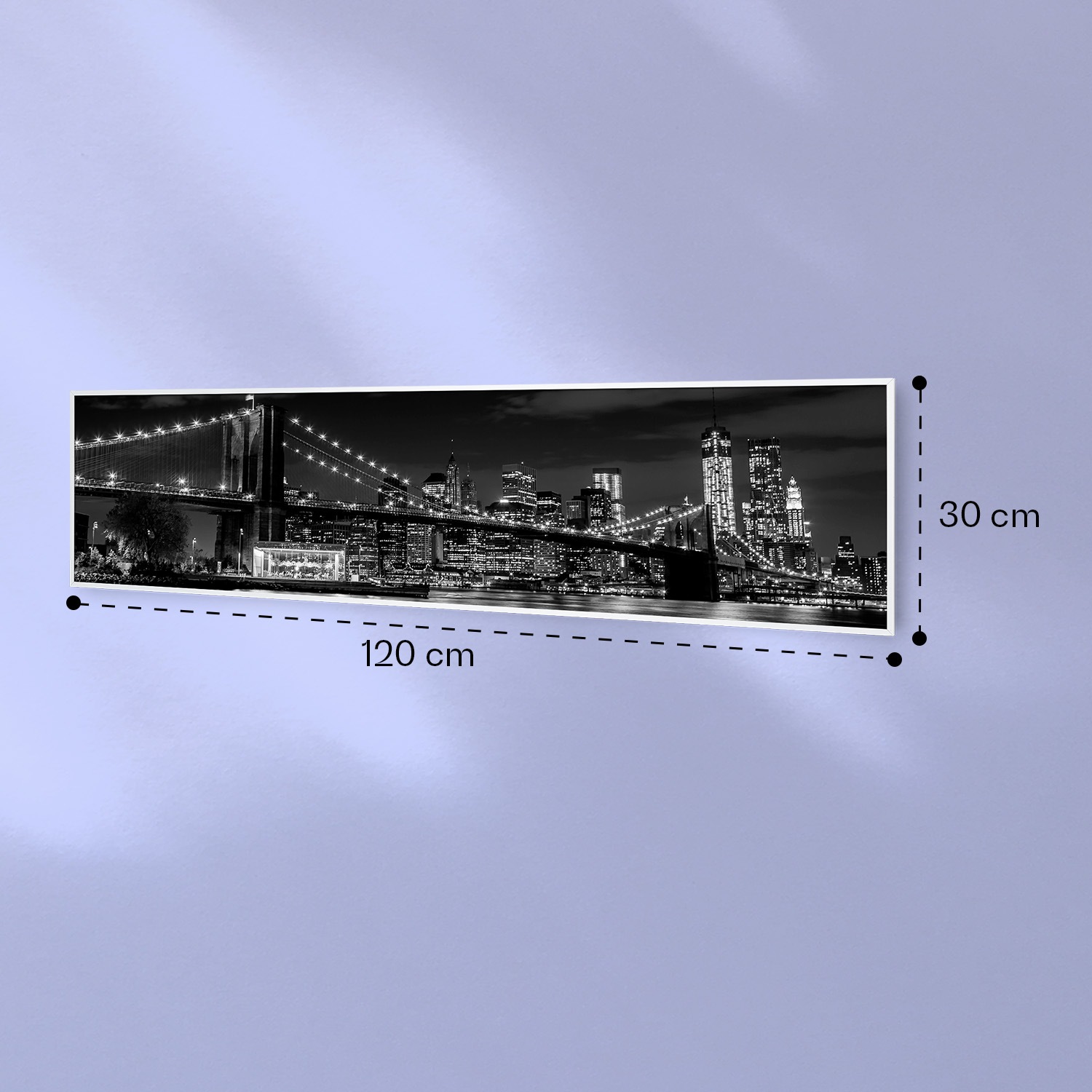 Stampa in bianco e nero del Ponte di Brooklyn e dello skyline notturno, 120x30 cm.