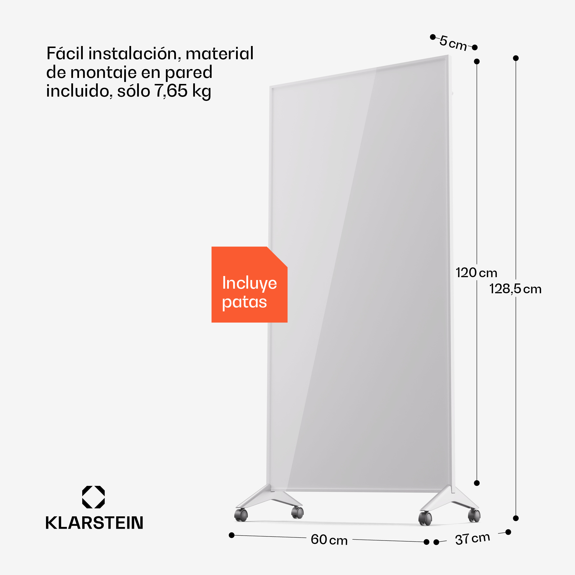 Diagramm eines weißen Klarstein Infrarotheizpanels mit Maßen und Text auf Spanisch.
