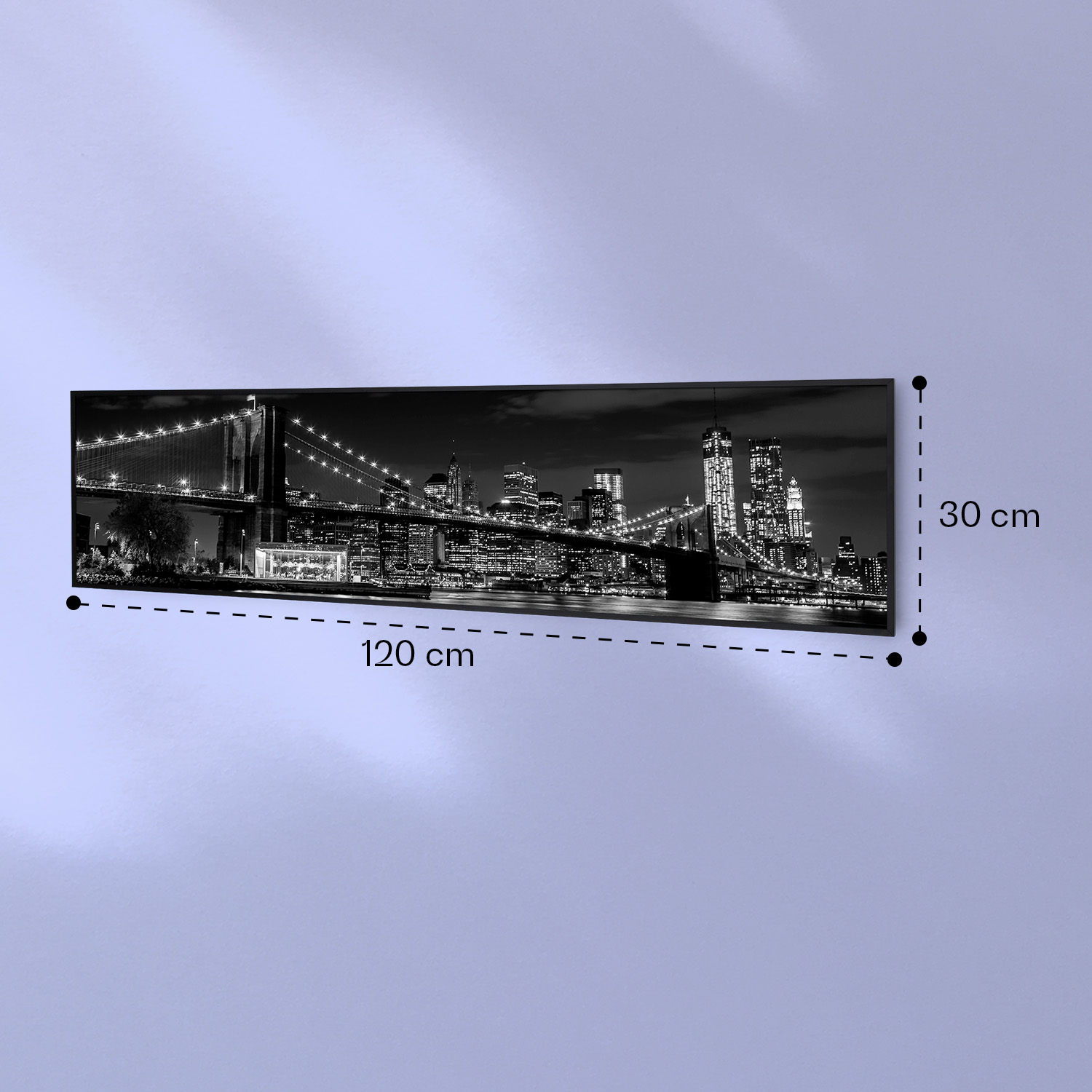 Immagine in bianco e nero di una città notturna con ponte, 120x30 cm.