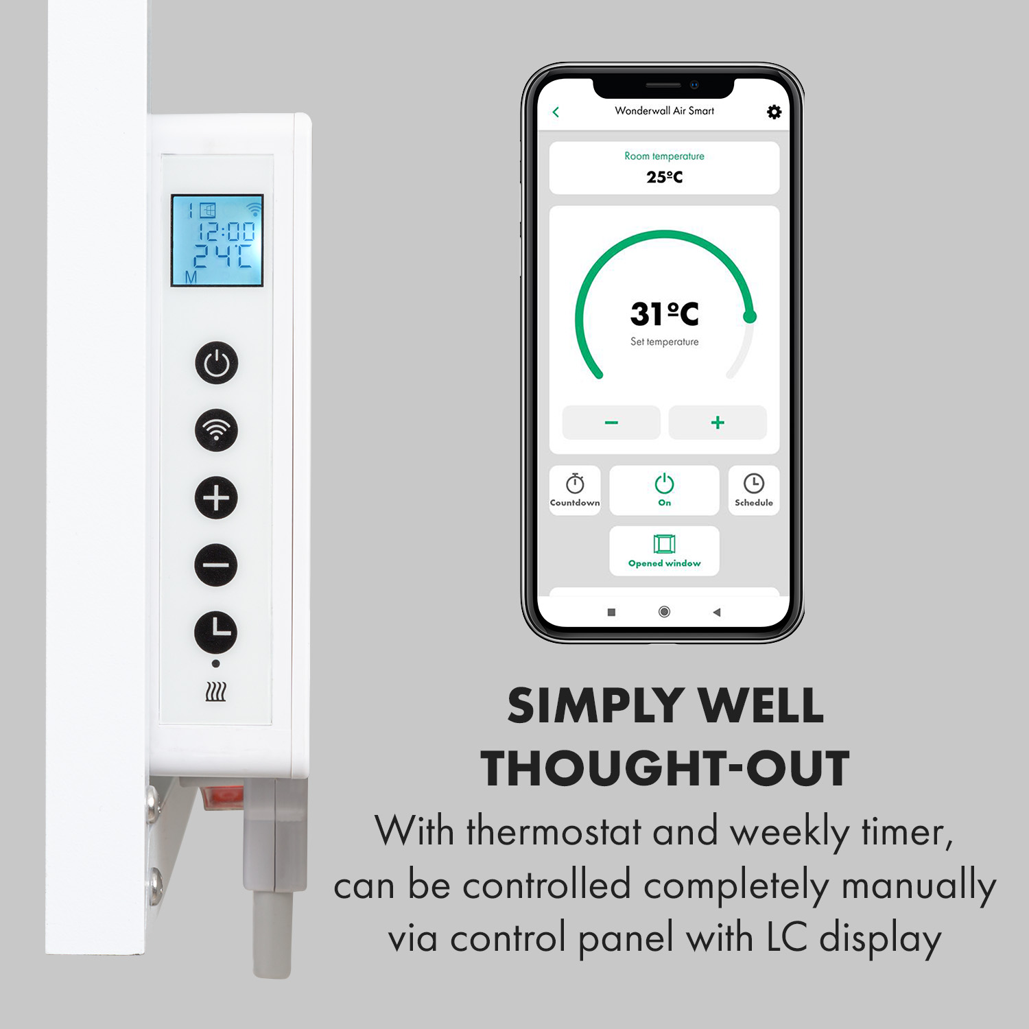 Un pannello di controllo del riscaldamento e uno smartphone con un'app per la temperatura.
