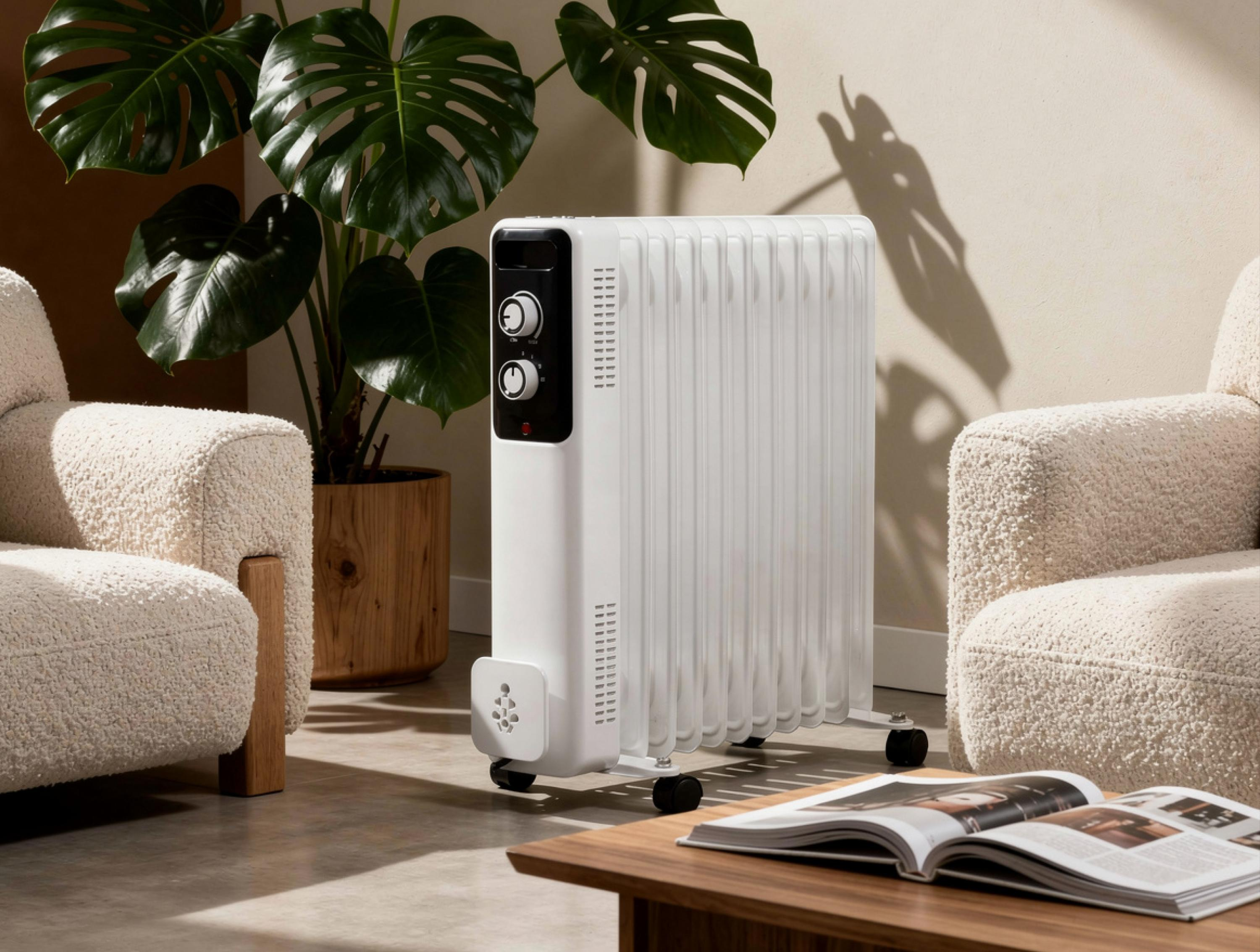 Ein weißer Radiator steht in einem hellen Raum zwischen zwei Sesseln und einer großen Monstera-Pflanze.