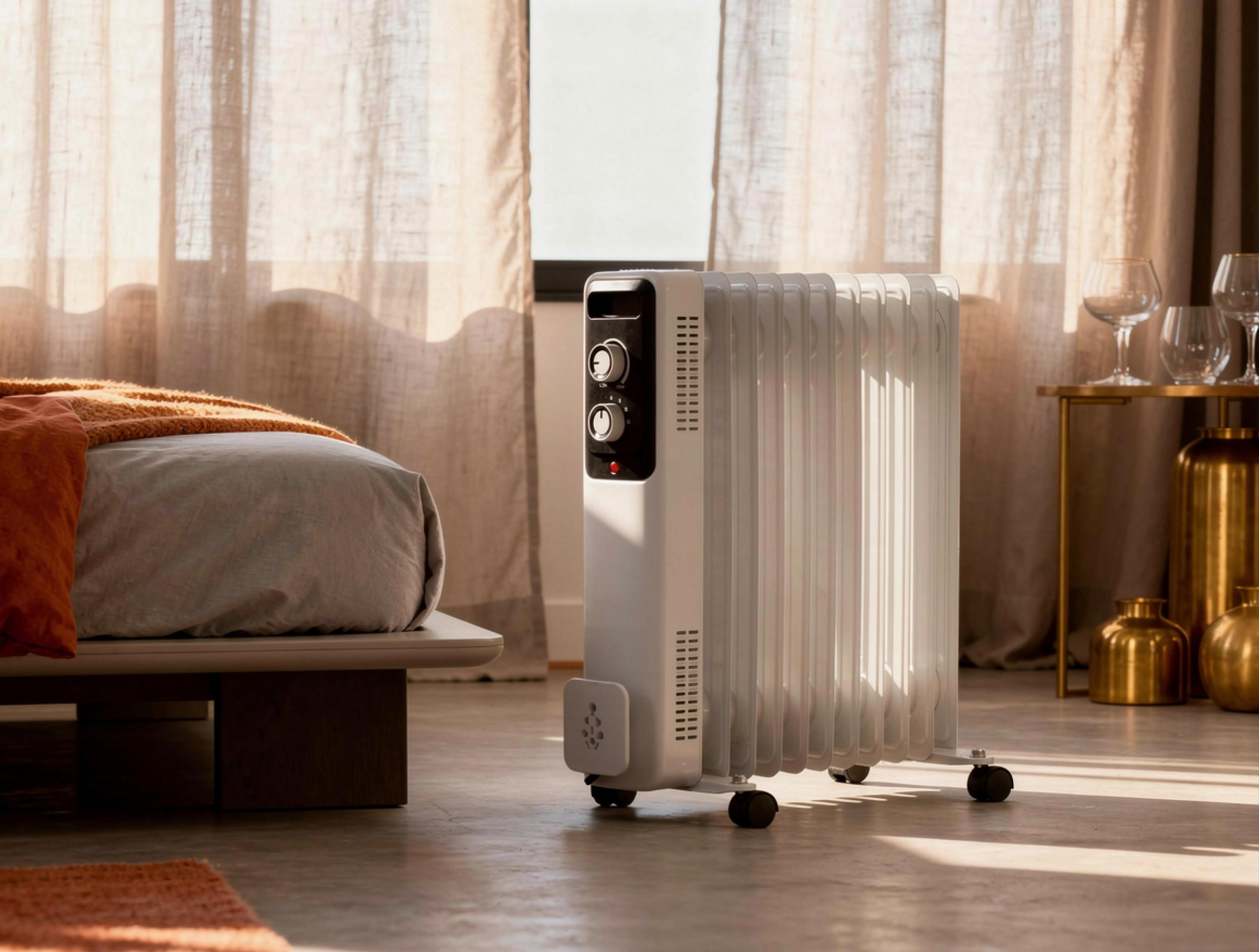 Ein weißer Oelradiator steht in einem sonnigen Schlafzimmer neben einem Bett vor einem Fenster mit Vorhängen.