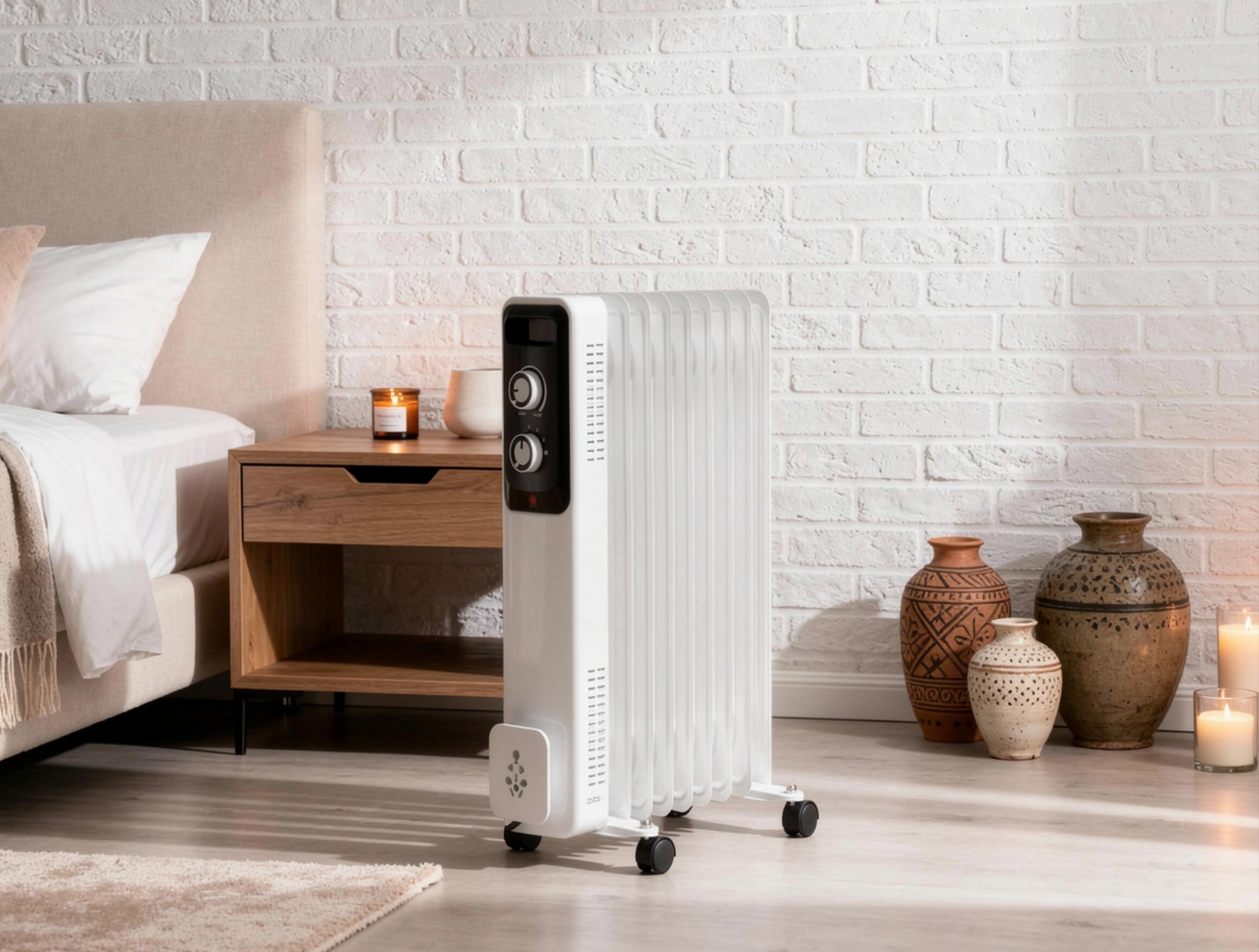 Ein weißer Oelradiator steht auf Rollen vor einer wei#en Backsteinwand im Schlafzimmer.