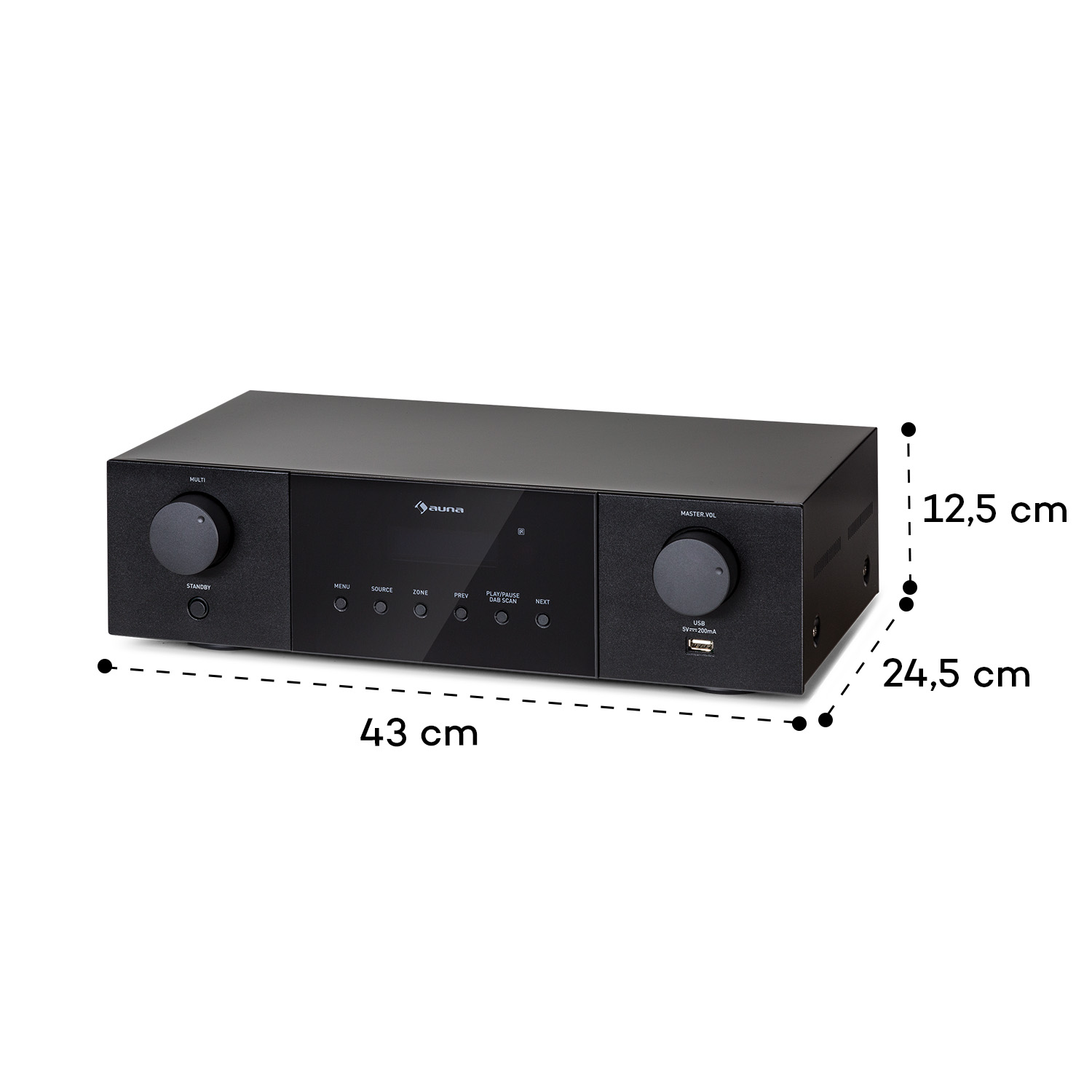 Schwarzer auna Hi-Fi-Verstärker mit Abmessungen von 43x12,5x24,5 cm, Knöpfen und USB-Anschluss.