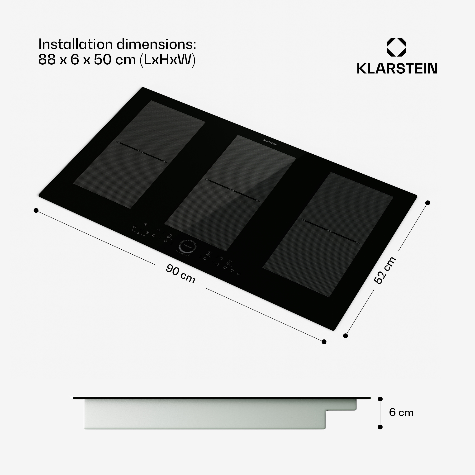 Klarstein Induktionskochfeld mit Abmessungen von 90x52x6 cm und Installationsmaßen.
