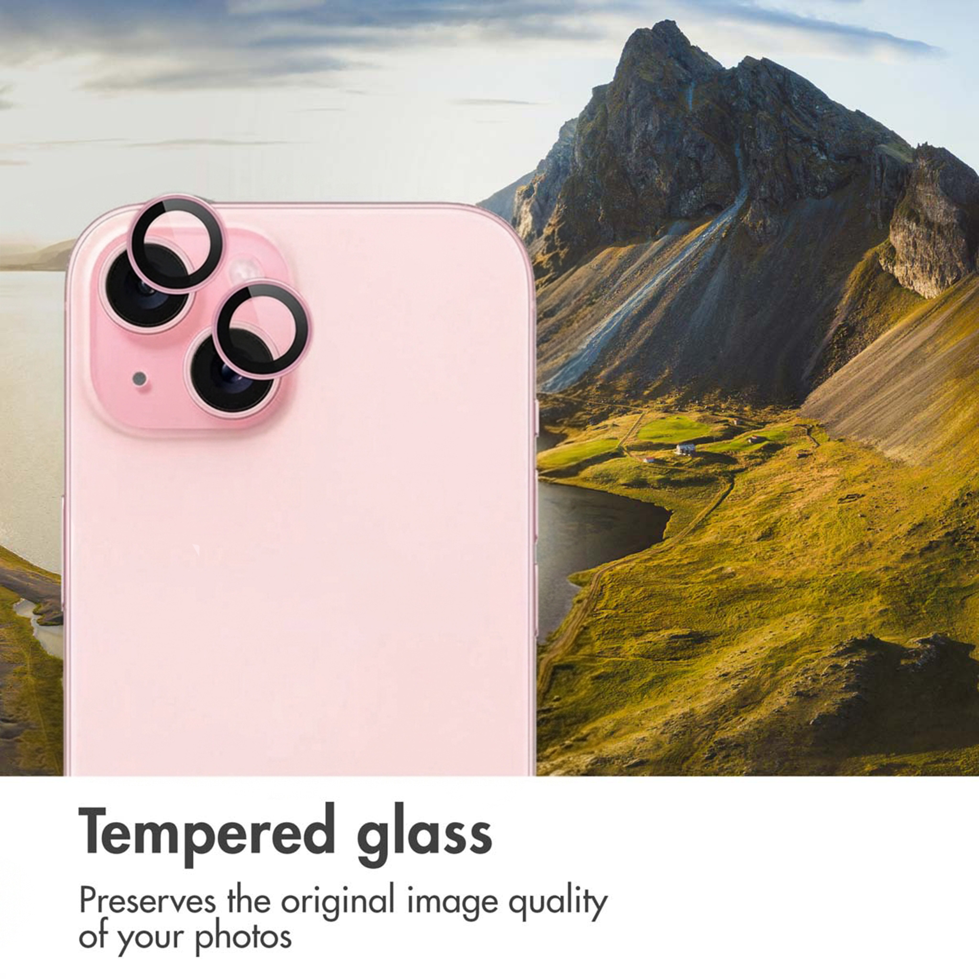 Roze smartphone voor berg- en meerlandschap met gehard glas tekst.