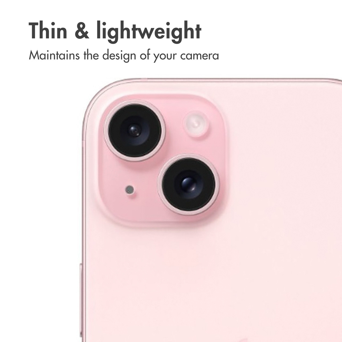 Close-up van een roze telefoon met twee cameralenzen en tekst Dun en licht.