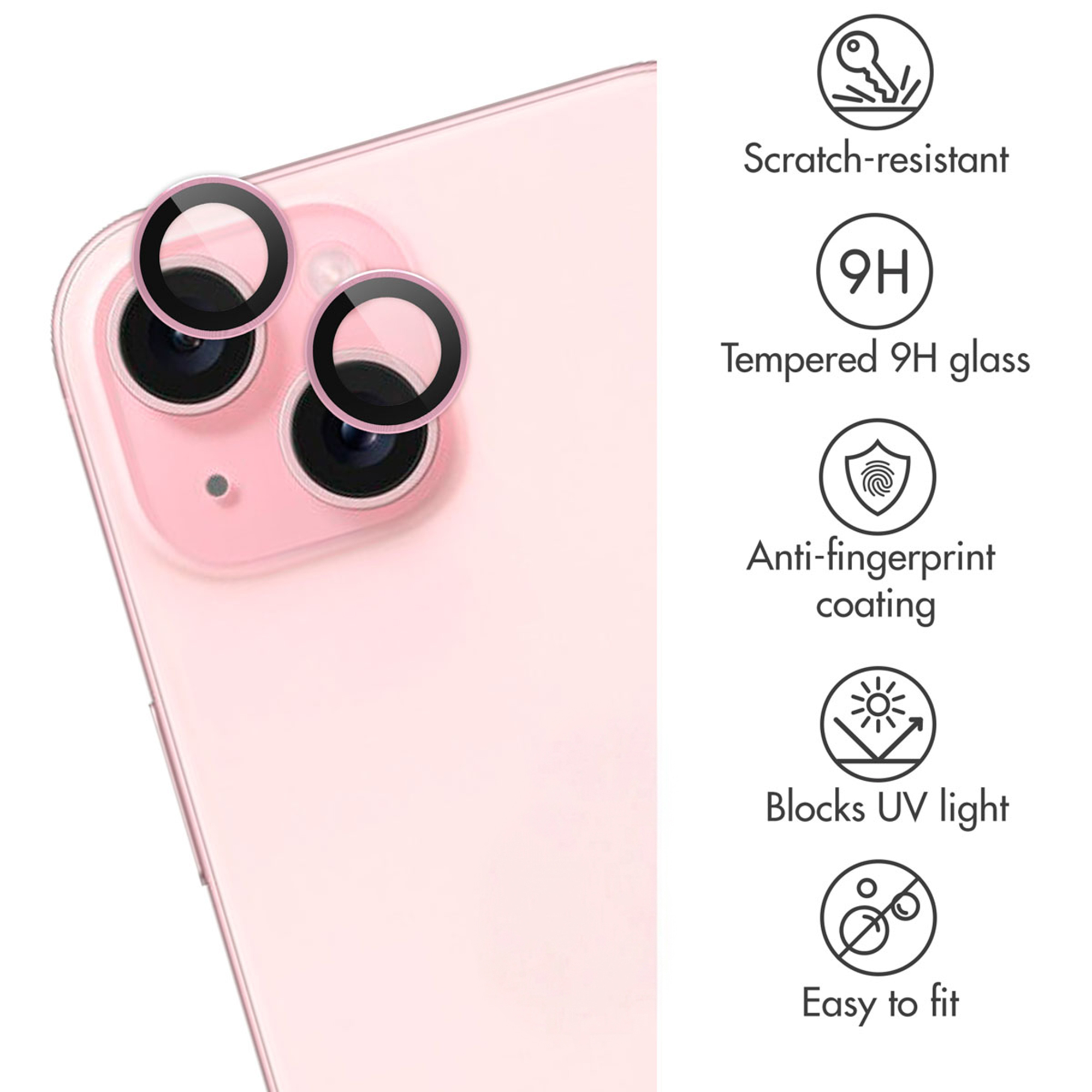 Roze smartphonecamera met beschermende ringen en pictogrammen voor krasbestendig, 9H glas en anti-fingerprint.