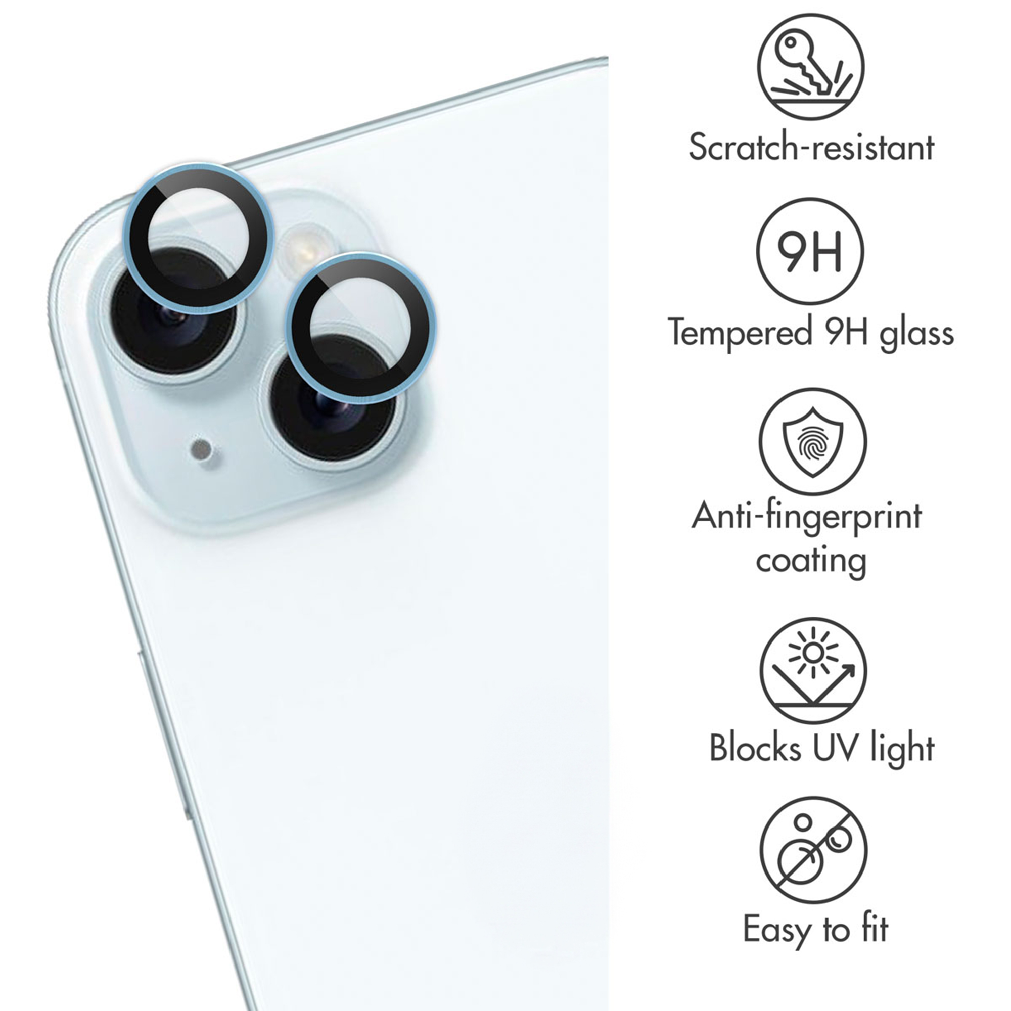 Achterkant van een smartphone met camera en iconen die krasbestendig glas tonen.