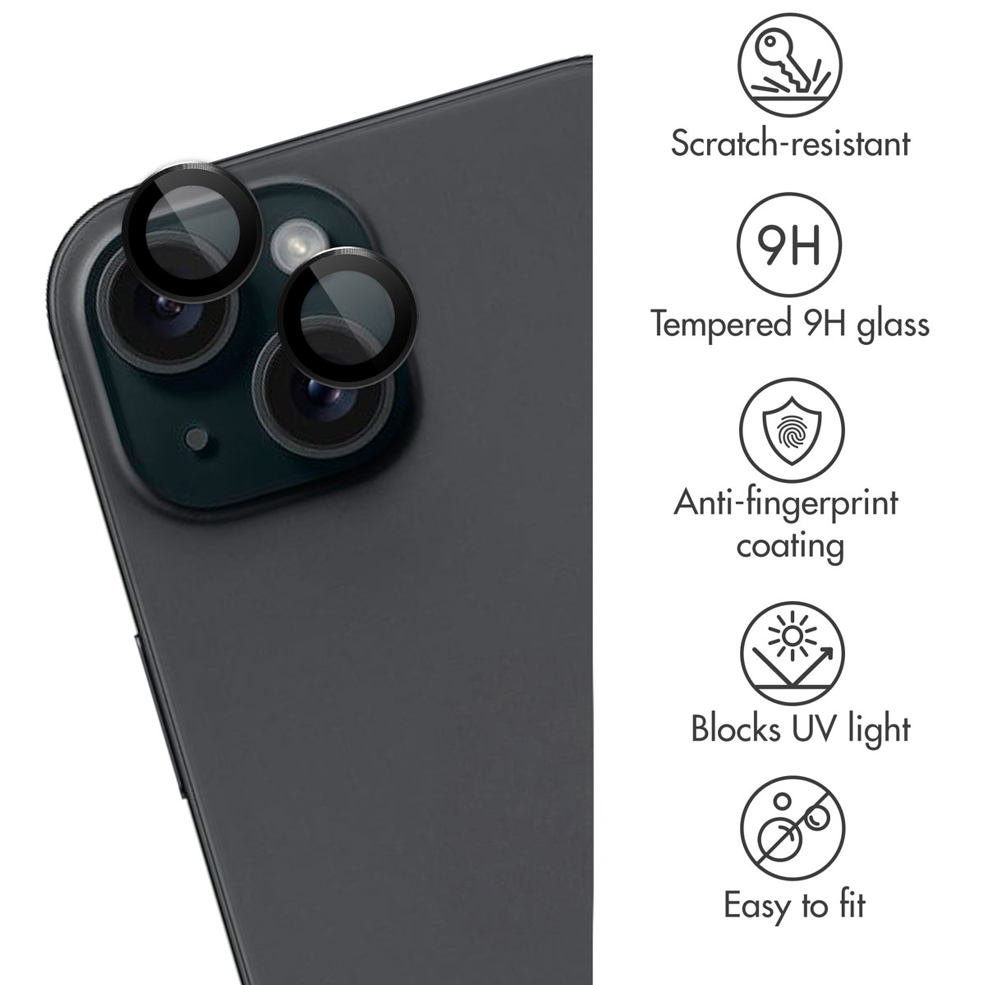 Smartphone cameraglas met pictogrammen voor krasbestendigheid, 9H glas, anti-fingerprint, UV-bescherming en eenvoudige plaatsing.