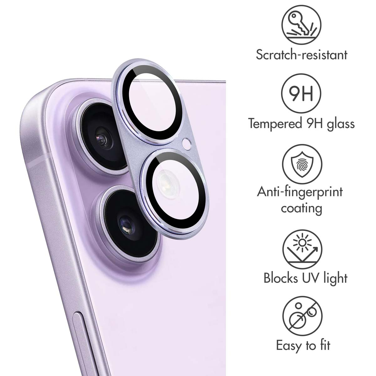 Fotocamera per smartphone viola con protezioni per obiettivi e vetro temperato antigraffio.