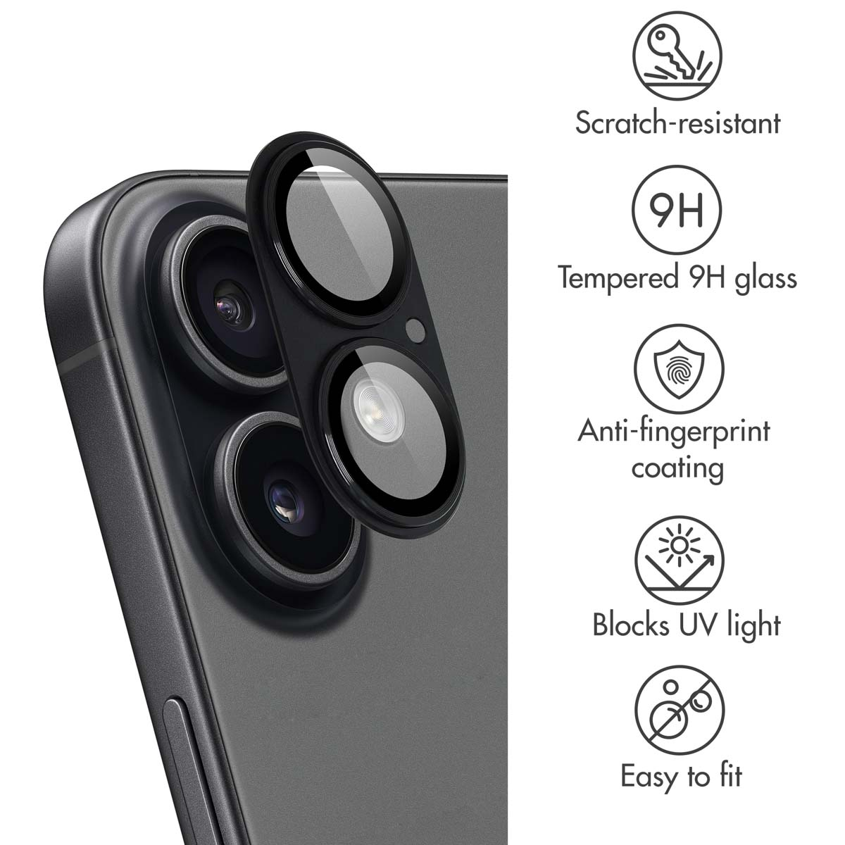 Vetro protettivo per fotocamera con icone antigraffio, durezza 9H, anti-impronta, protezione UV e facile installazione.