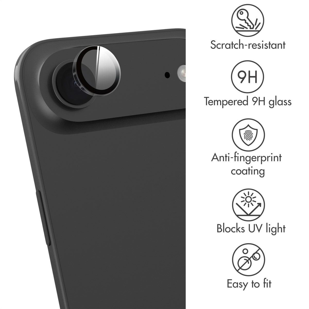 Smartphone nero con obiettivo e cinque icone che dettagliano le funzioni di protezione su sfondo bianco.