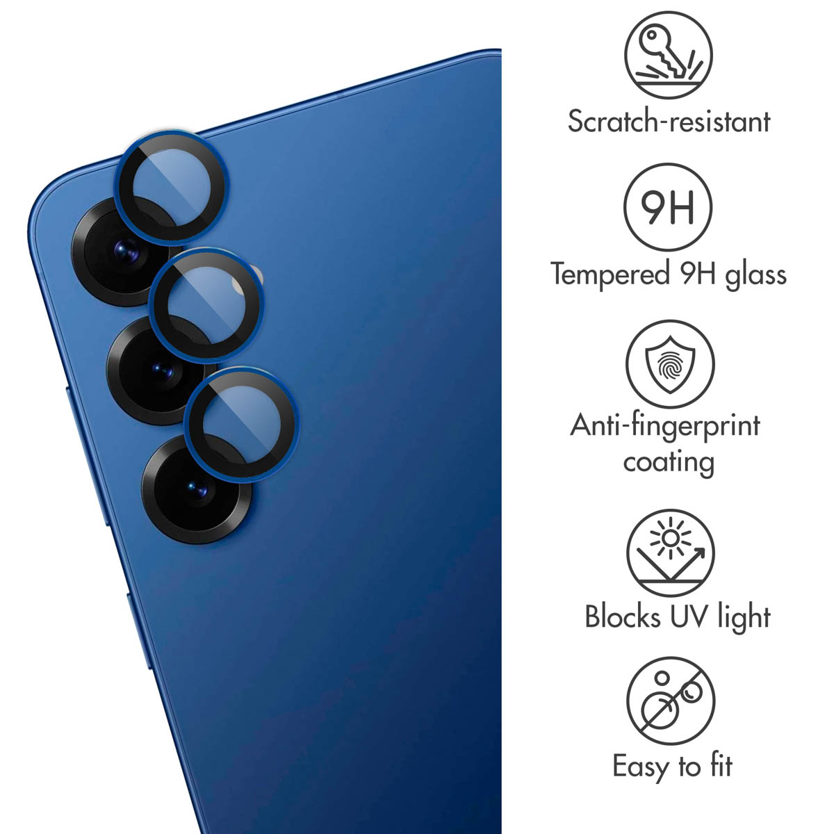 Retro di smartphone blu con fotocamera e icone per antigraffio, vetro 9H, anti-impronta, protezione UV e facile installazione.