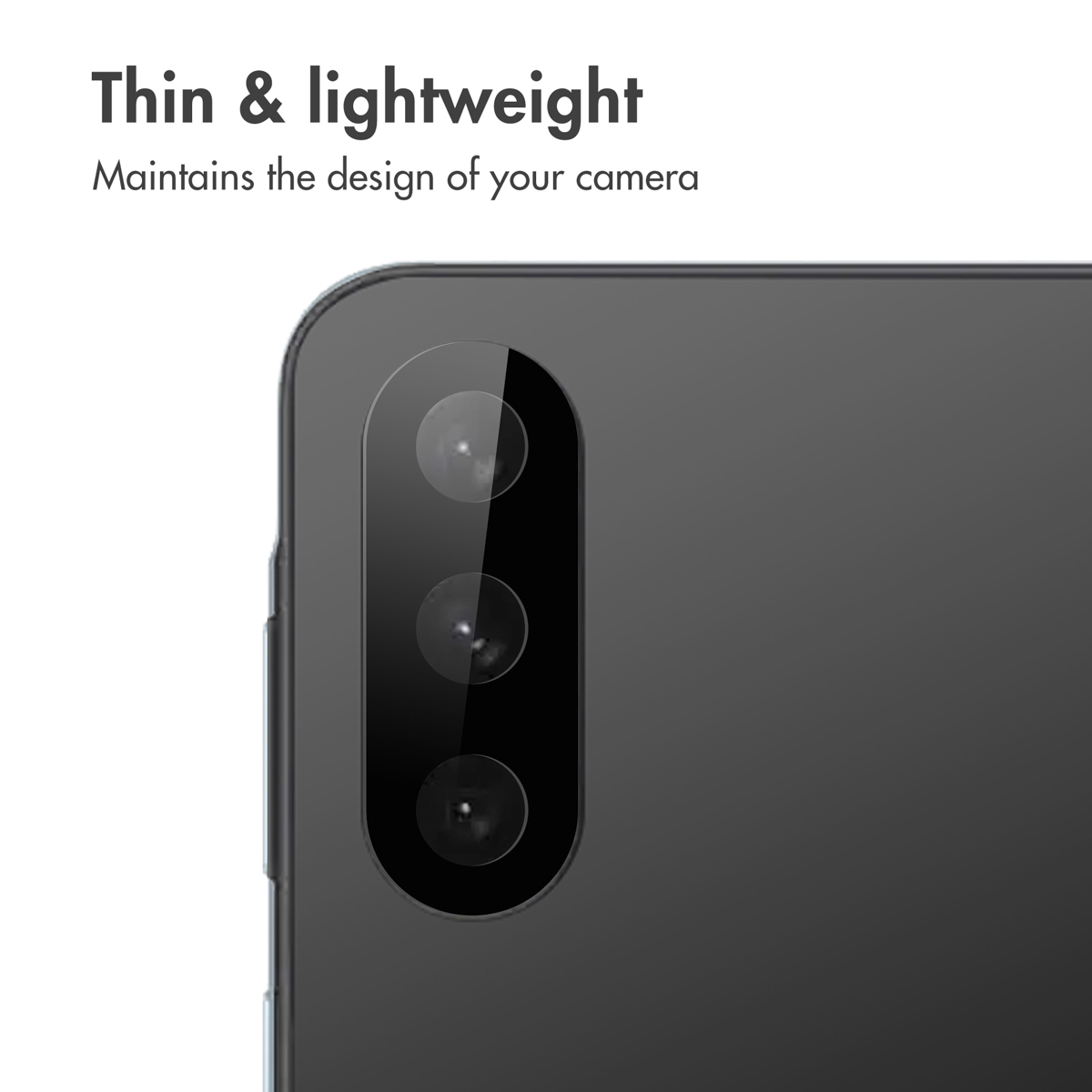 Close-up of a dark smartphone back with a vertical triple-lens camera module and text stating thin and lightweight.