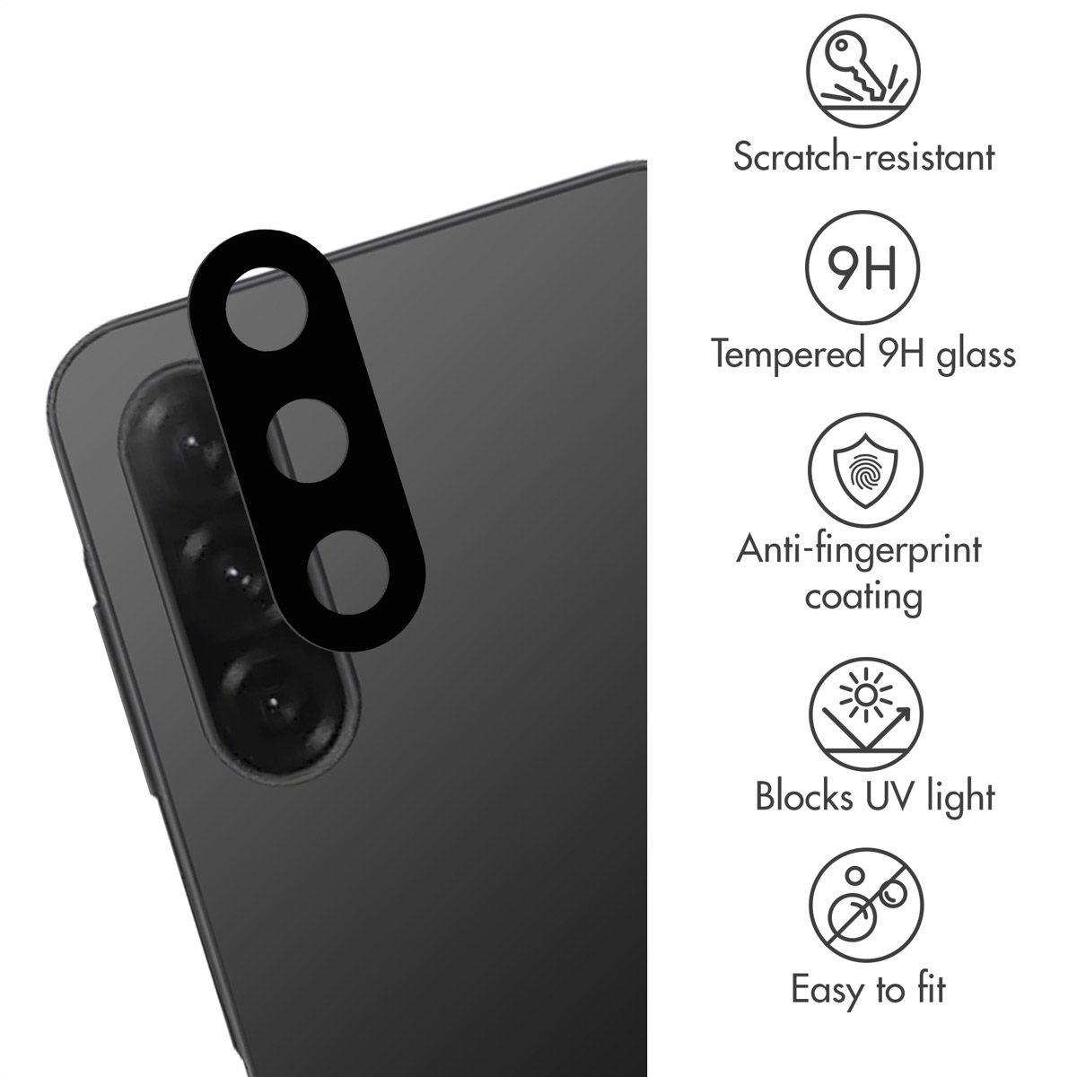 Smartphone camera protector with icons for scratch resistance, 9H glass, anti-fingerprint, UV block, and easy installation.