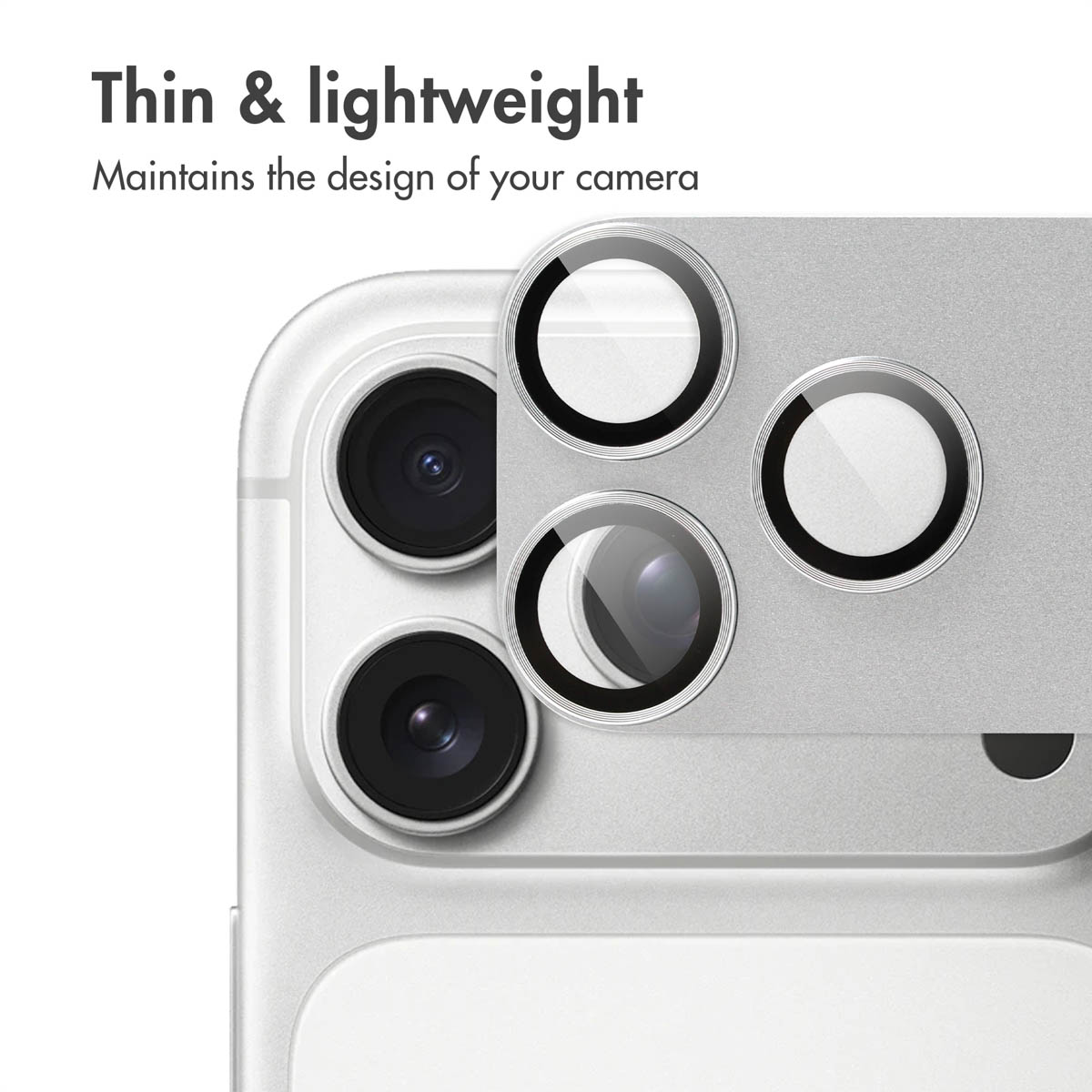 Primo piano di un modulo fotocamera per smartphone argento con coprienti in vetro protettivo.