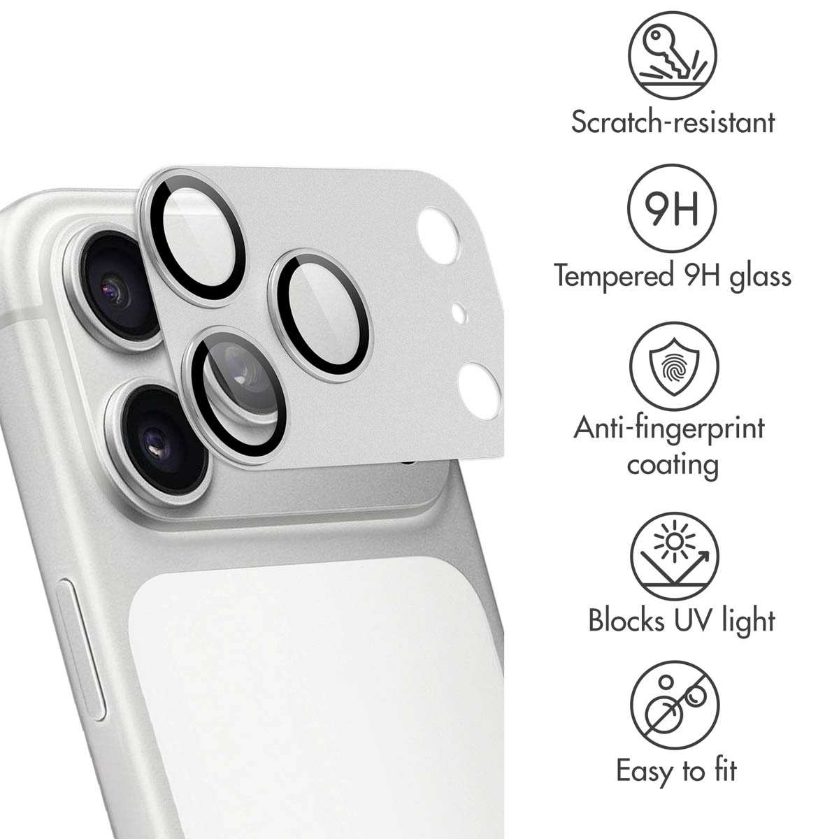 Protezione per fotocamera smartphone con icone per resistenza ai graffi, vetro 9H e protezione UV.