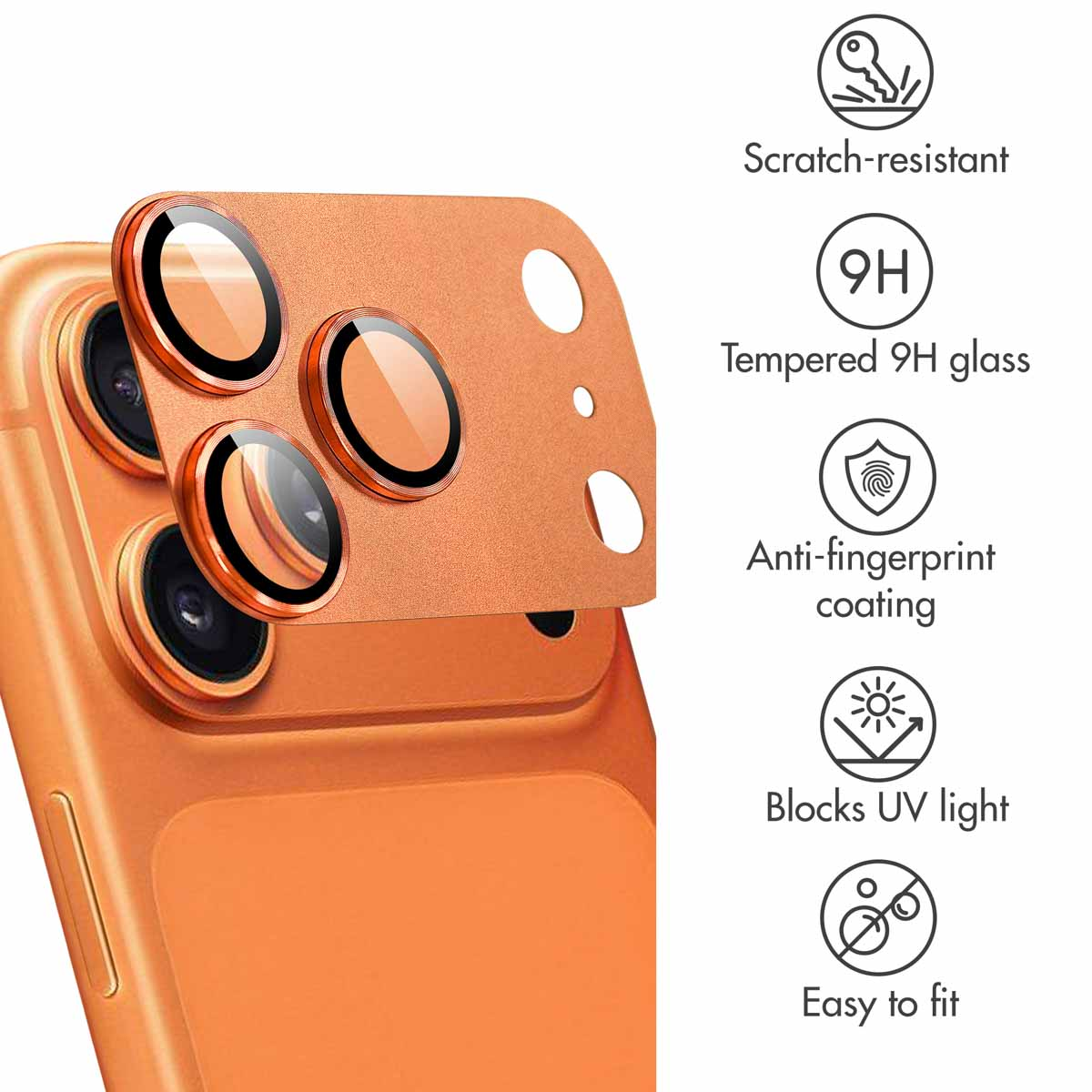 Protezione per fotocamera su smartphone arancione con icone.