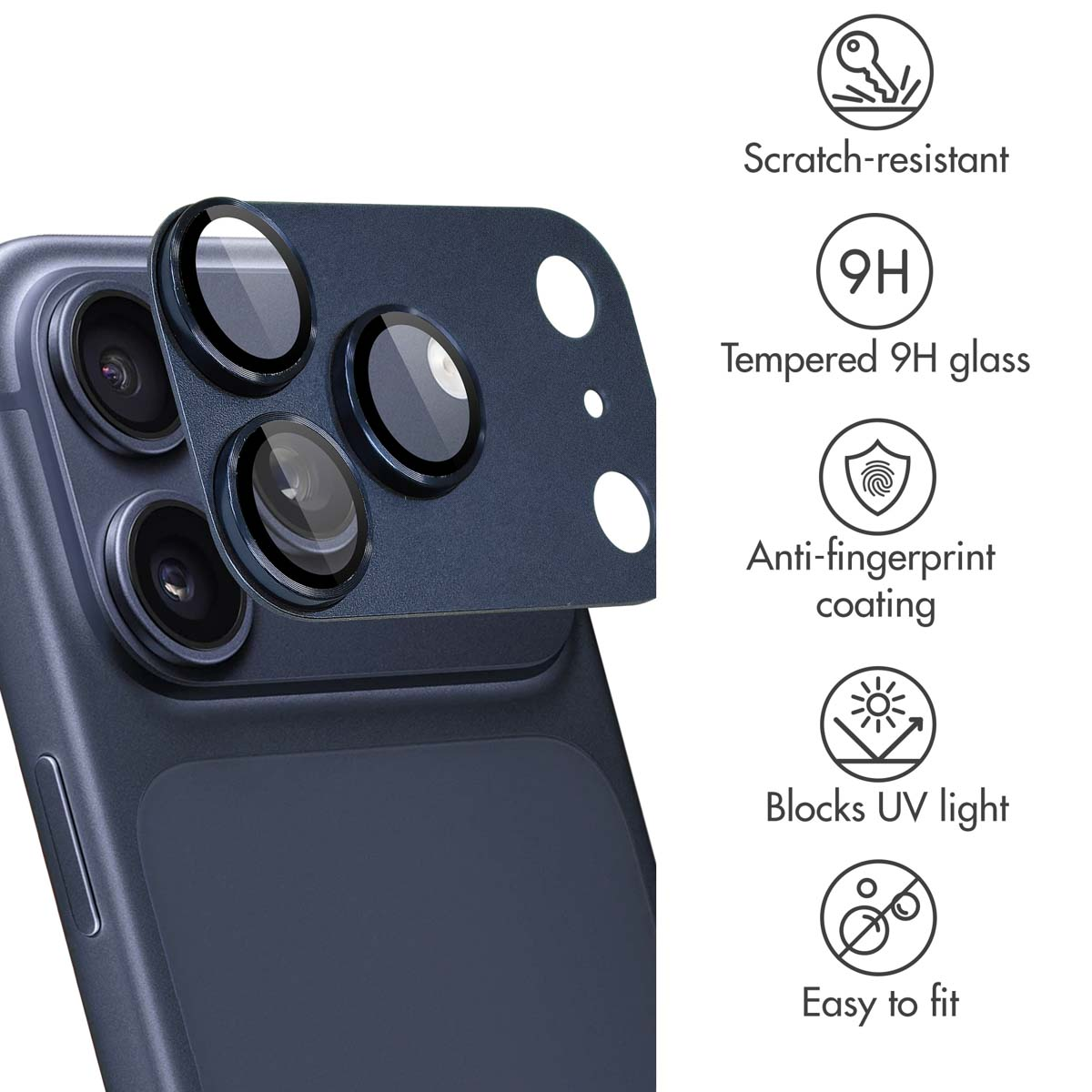 Smartphone con protezione per fotocamera e icone antigraffio, vetro 9H, anti-impronta, blocco UV e facile applicazione.