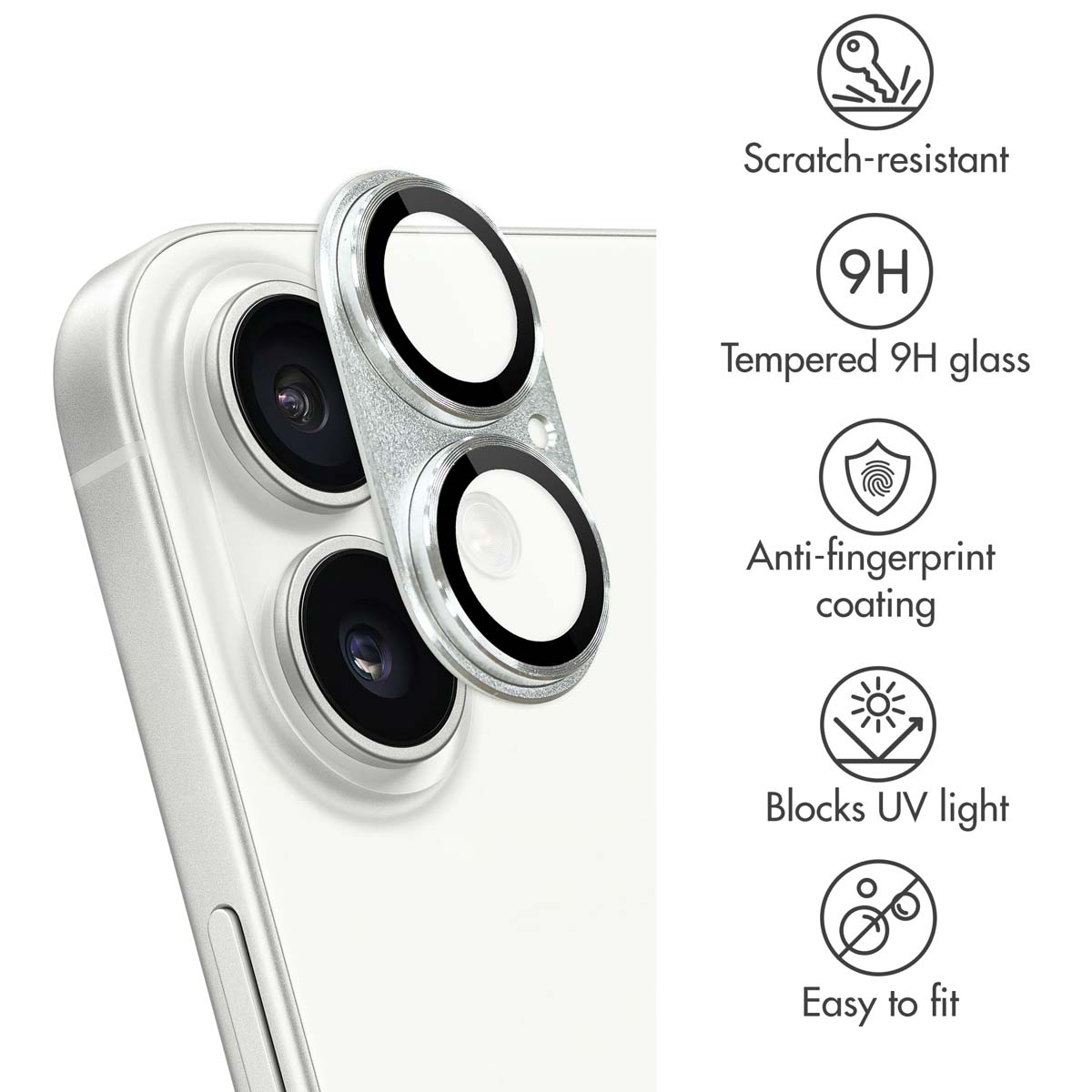 Protezione per fotocamera smartphone con icone di resistenza ai graffi, vetro 9H, anti-impronta, protezione UV e facile installazione.