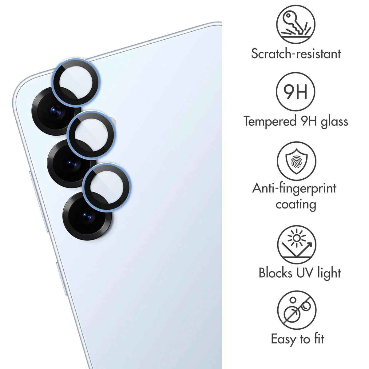 Smartphone con protezioni per fotocamera e cinque icone che mostrano caratteristiche come vetro temperato.