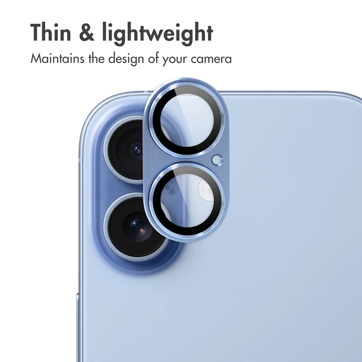 Smartphone blu con protezione per fotocamera e testo in alto.
