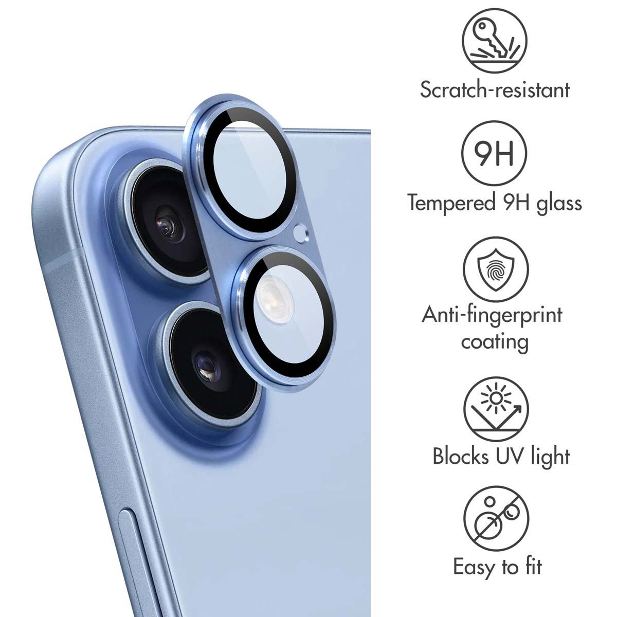 Fotocamera per smartphone blu con vetro protettivo e cinque icone per resistenza ai graffi, vetro 9H, antirimpronta, blocco UV e facile montaggio.