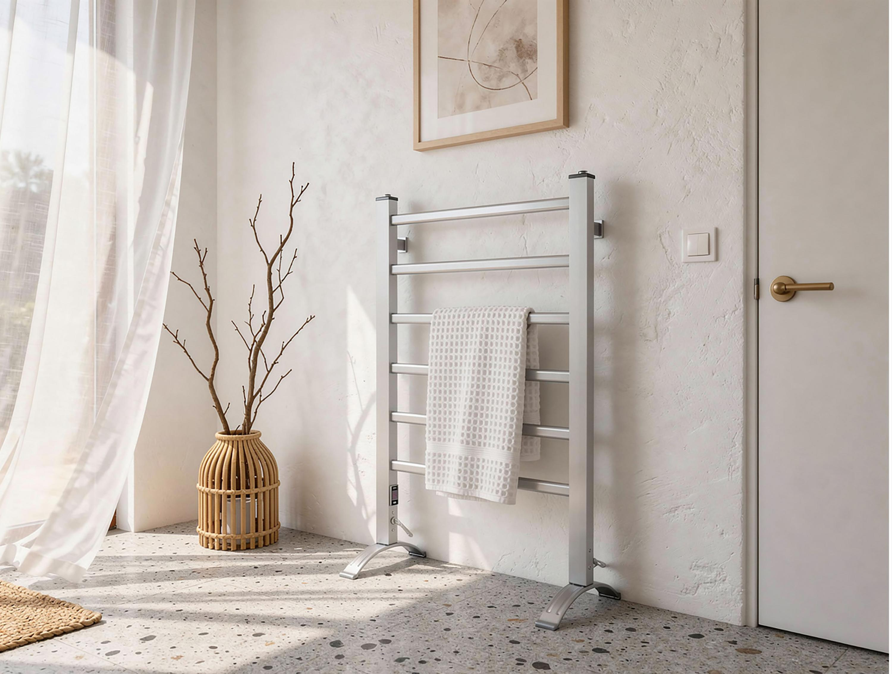 Un toallero eléctrico plateado contra una pared blanca en una habitación luminosa, con una toalla colgada.