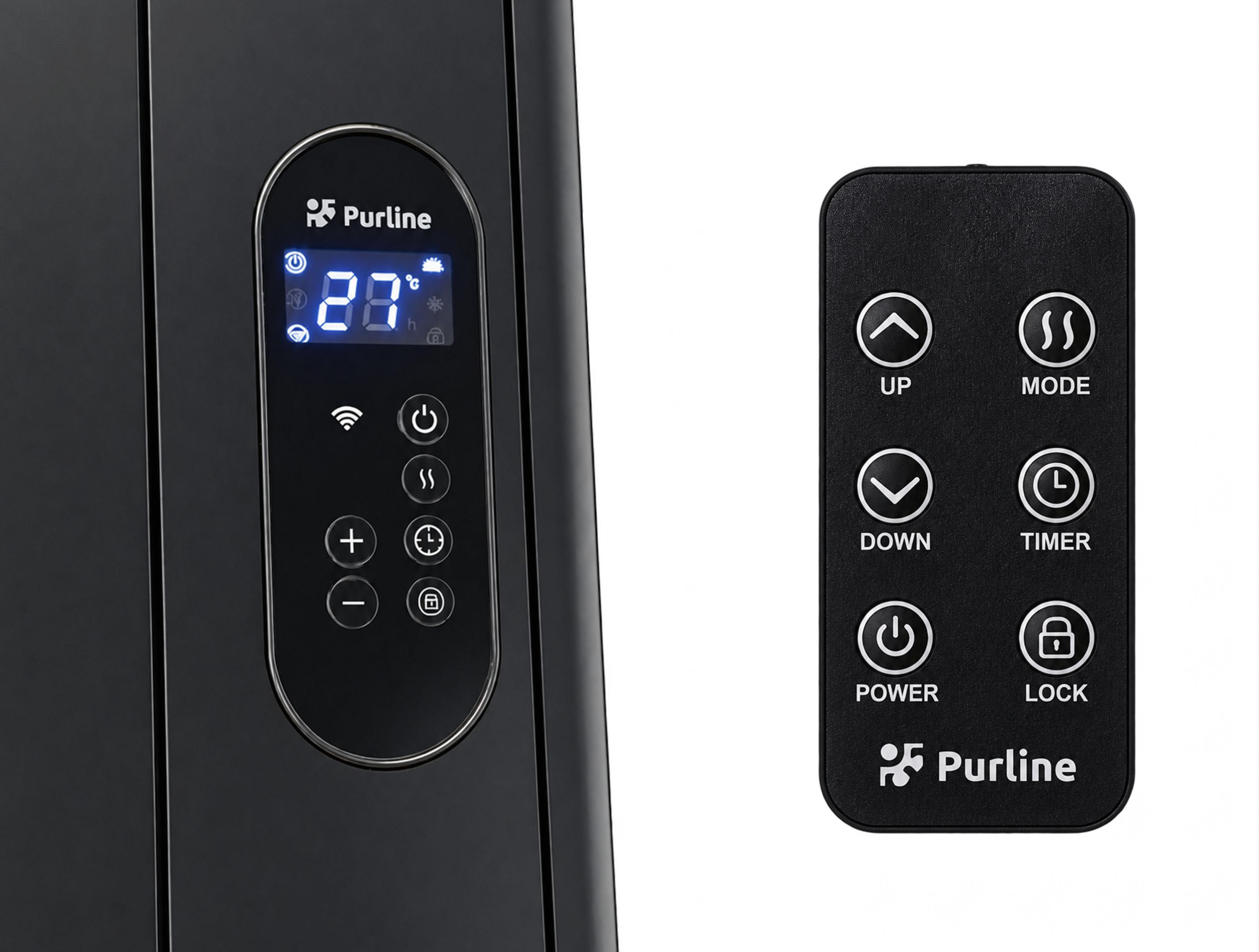 Calefactor negro Purline con pantalla LED azul y mando a distancia negro a juego.