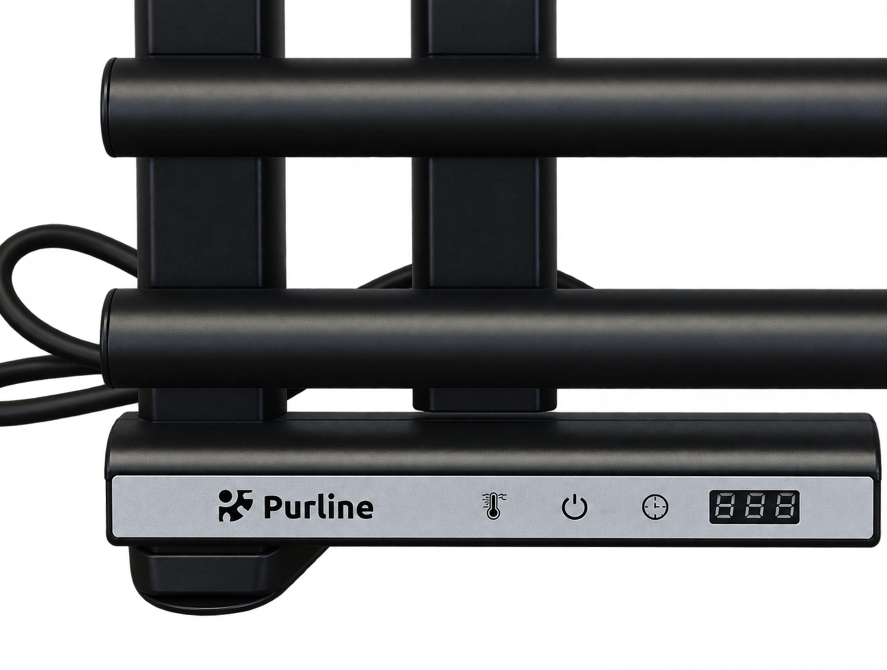 Toallero negro con pantalla digital y logotipo de Purline en un panel de control plateado.
