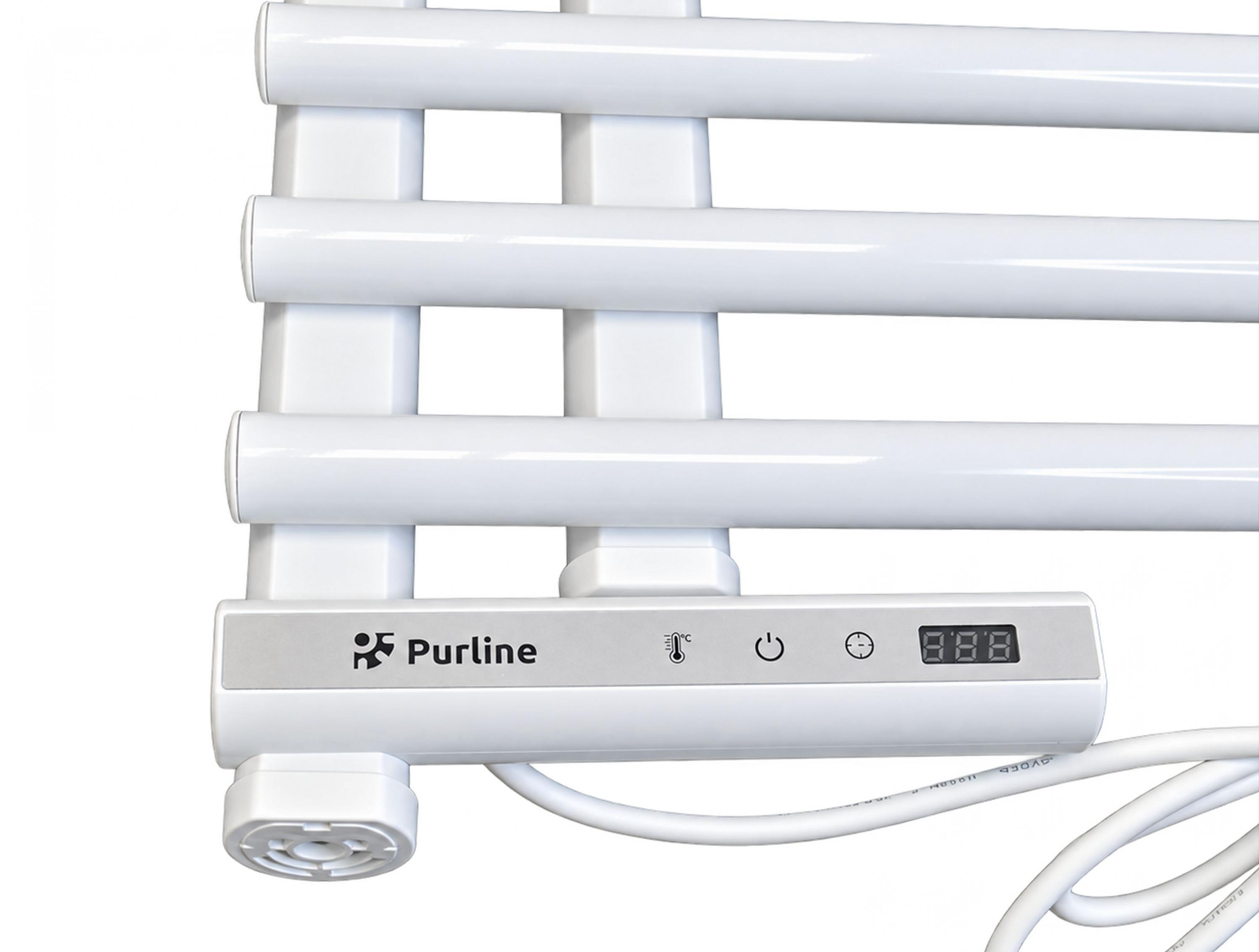 Toallero blanco con panel de control Purline, pantalla y botones en la parte inferior.