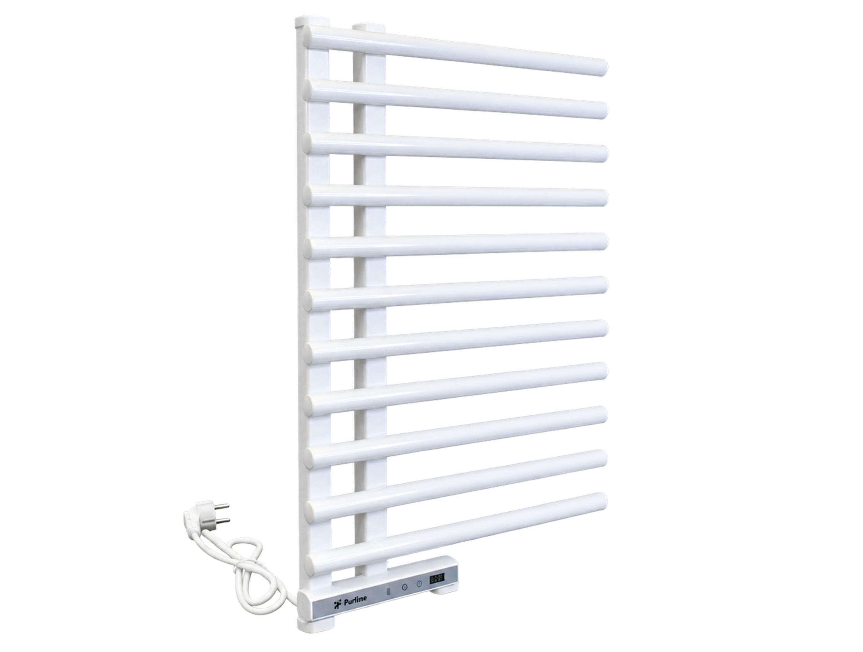 Un radiador toallero eléctrico blanco con barras horizontales y panel de control digital.