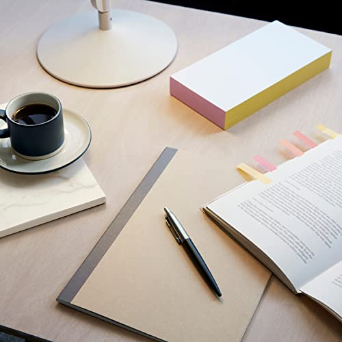 Ein Holztisch mit einer Kaffeetasse, Notizbuch, Stift, einem Buch mit Markierungen und einer Schreibtischlampe.