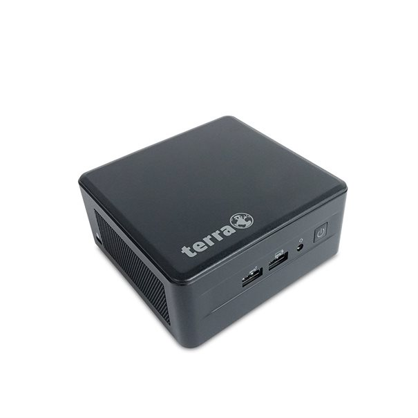 Ein schwarzer Terra Mini-PC mit USB-Anschlüssen und Ein-/Ausschalter auf weißem Hintergrund.