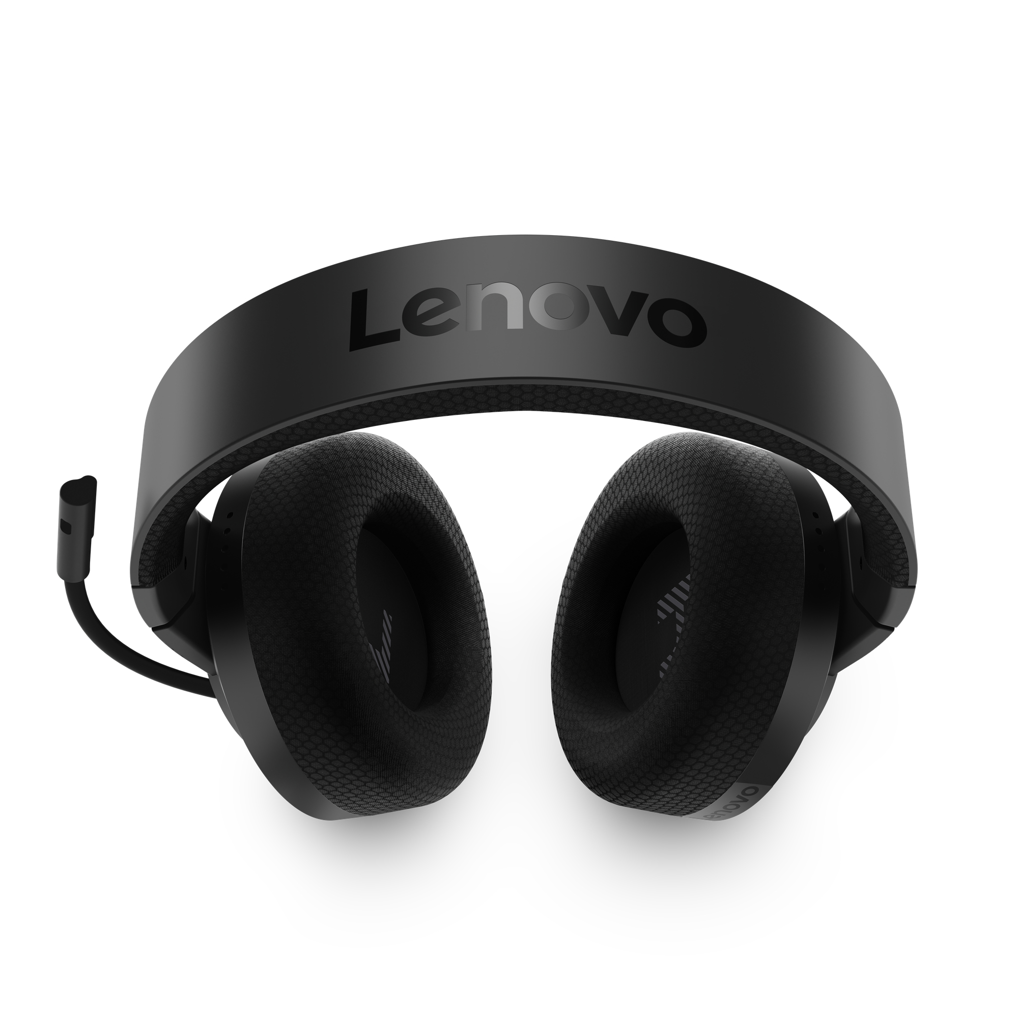 Cuffie over-ear nere Lenovo con microfono ad asta e padiglioni auricolari imbottiti su sfondo bianco.