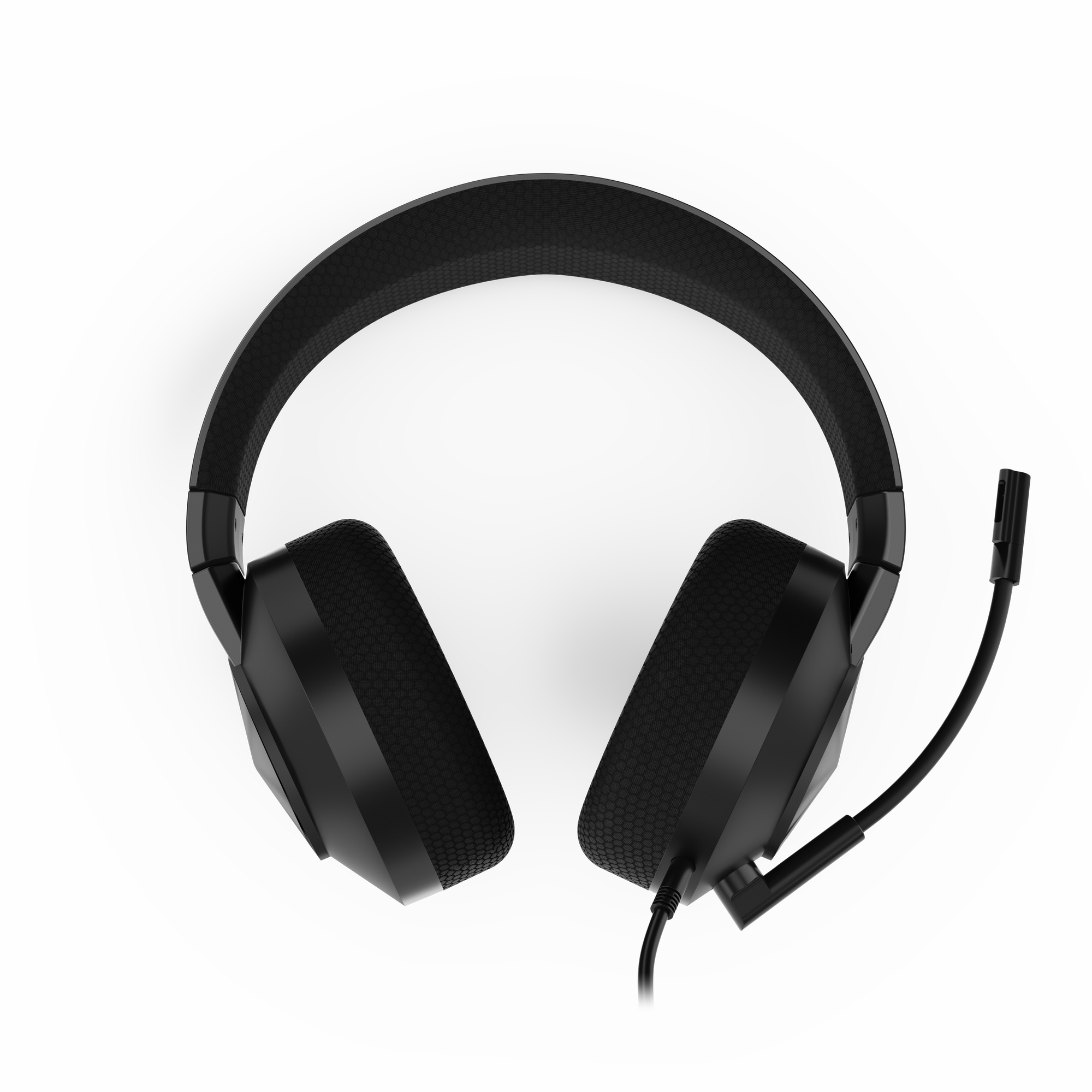 Cuffie da gaming over-ear nere con archetto e microfono su sfondo bianco.