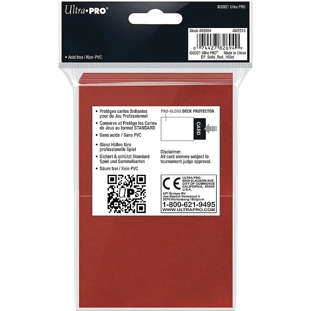 Rückseite einer Ultra PRO Deck Protector Verpackung in Rot, mit Barcode, Text und QR-Code.