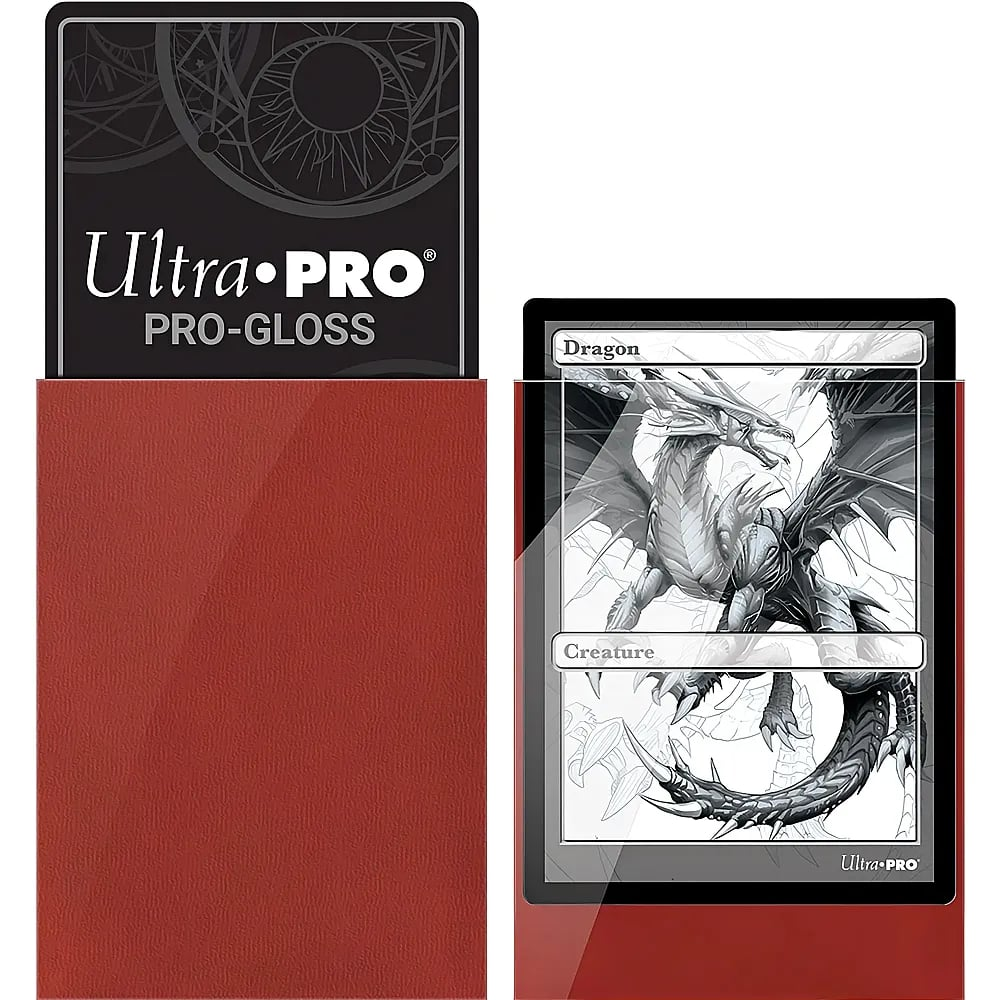 Ultra Pro Glanz-Kartenhüllen in einer roten Box, mit einer Drachenkarte in einer Hülle.