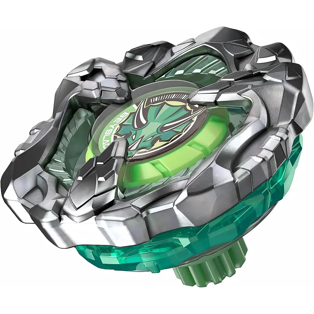 Ein grün-silberner Beyblade Kreisel mit einem Drachenmotiv in der Mitte.