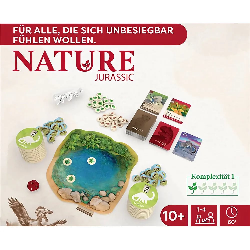 Brettspielszenario mit Karten, Token, einem Teich-Plättchen, Würfeln und Dinosaurier-Illustrationen.