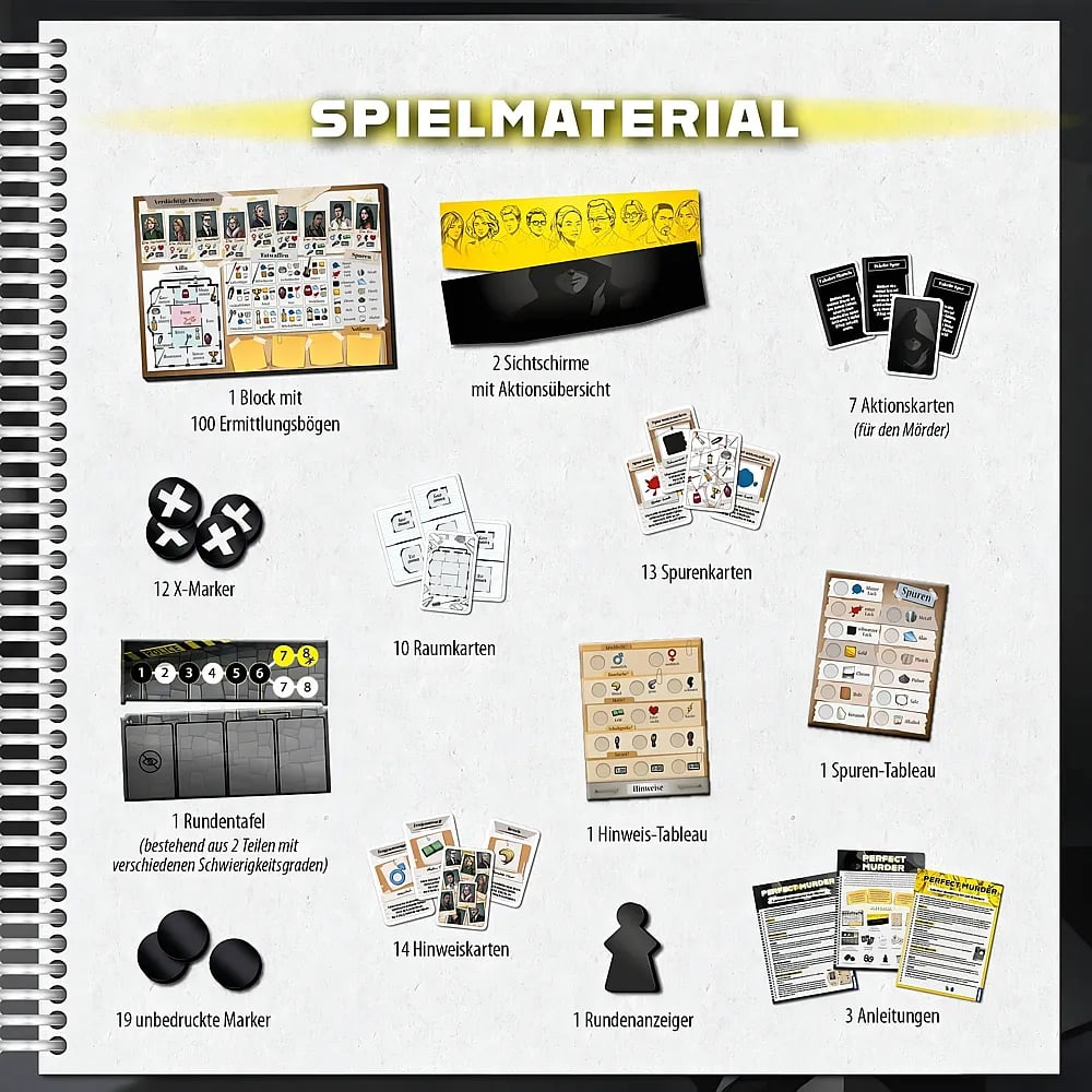 Übersicht der Spielmaterialien eines Detektivspiels auf einer Ringbuchseite.
