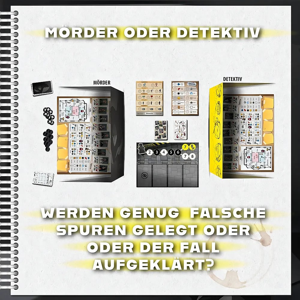 Ein Brettspiel mit Karten, Pinseln und Akten auf einem Tisch, mit Text auf Deutsch über und unter dem Bild.