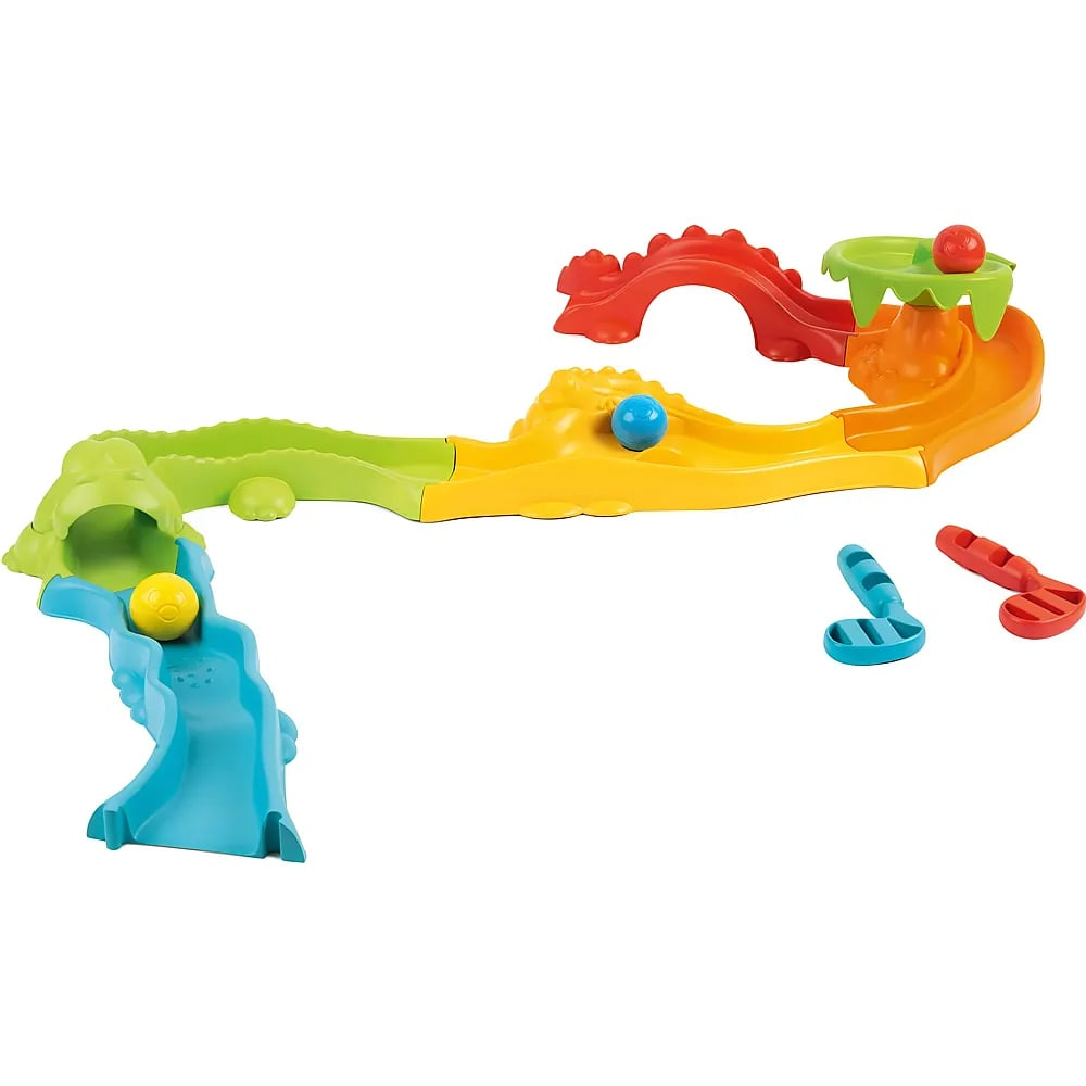 Ein buntes Kunststoff-Kugelbahn-Spielset mit Schienen, einer Brücke und kleinen bunten Bällen.