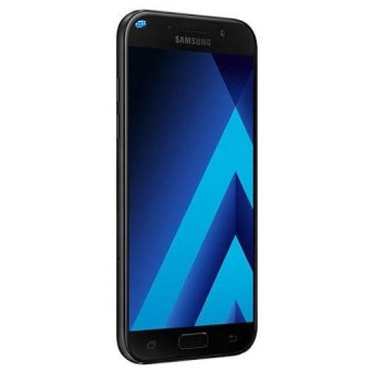 Uno smartphone Samsung nero con uno sfondo blu sullo schermo.