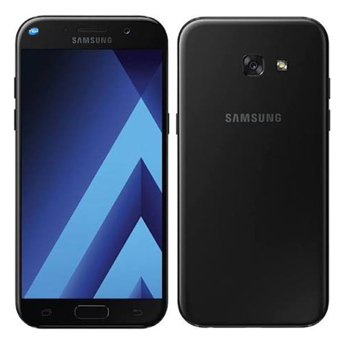 Vista anteriore e posteriore di uno smartphone Samsung nero con schermo acceso.