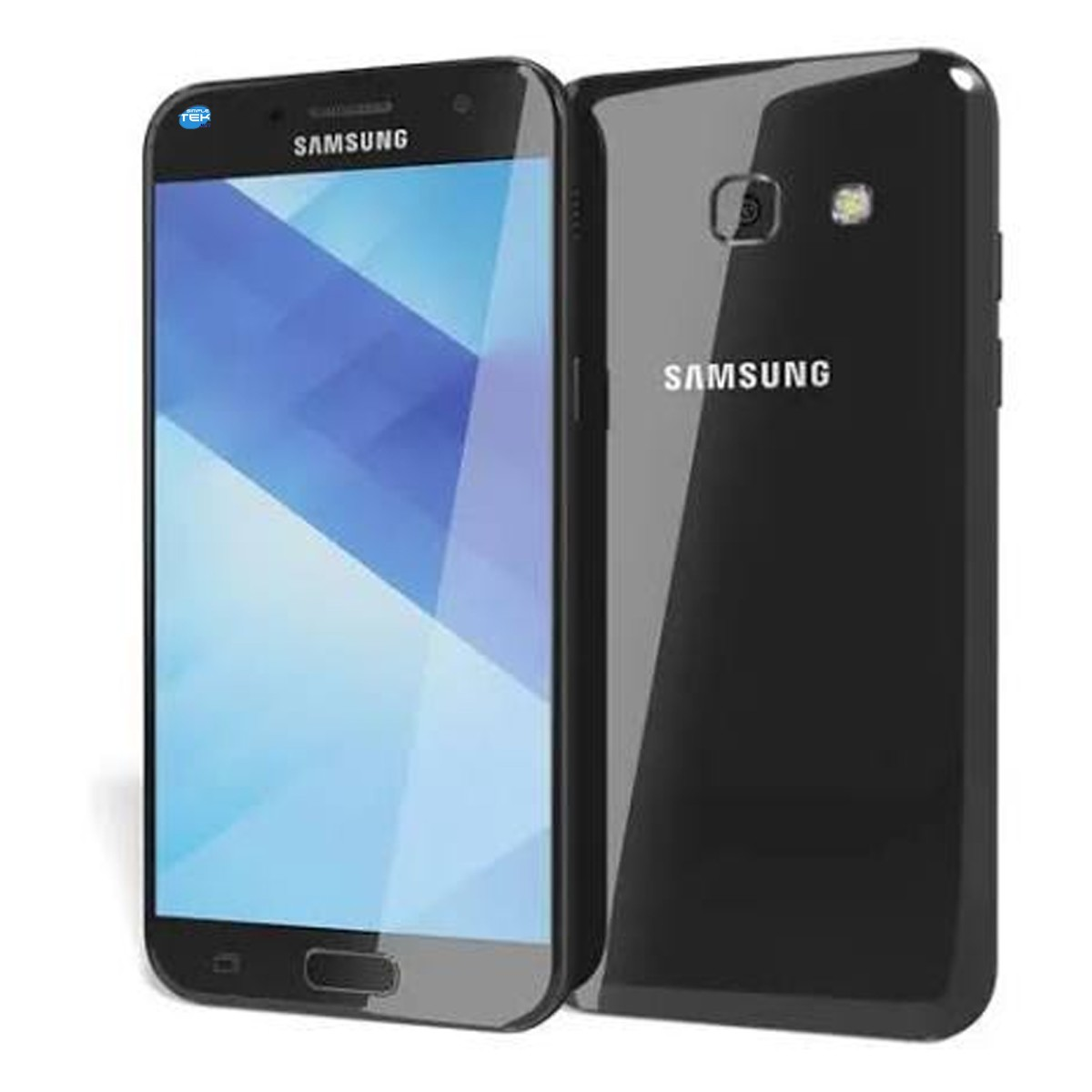 Vista anteriore e posteriore di uno smartphone Samsung nero con schermo blu.