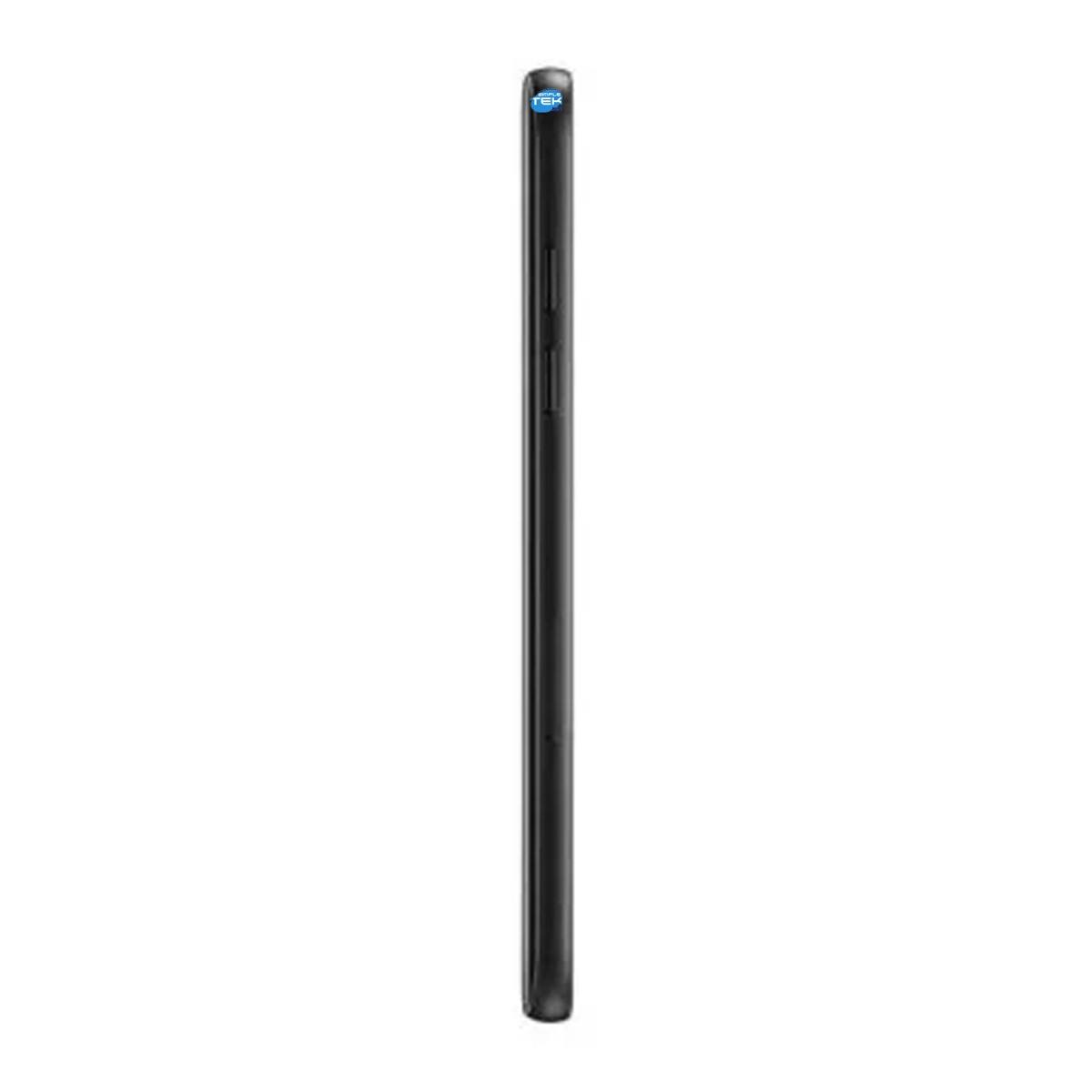 Vista laterale di uno smartphone nero con pulsanti e un logo blu in alto.